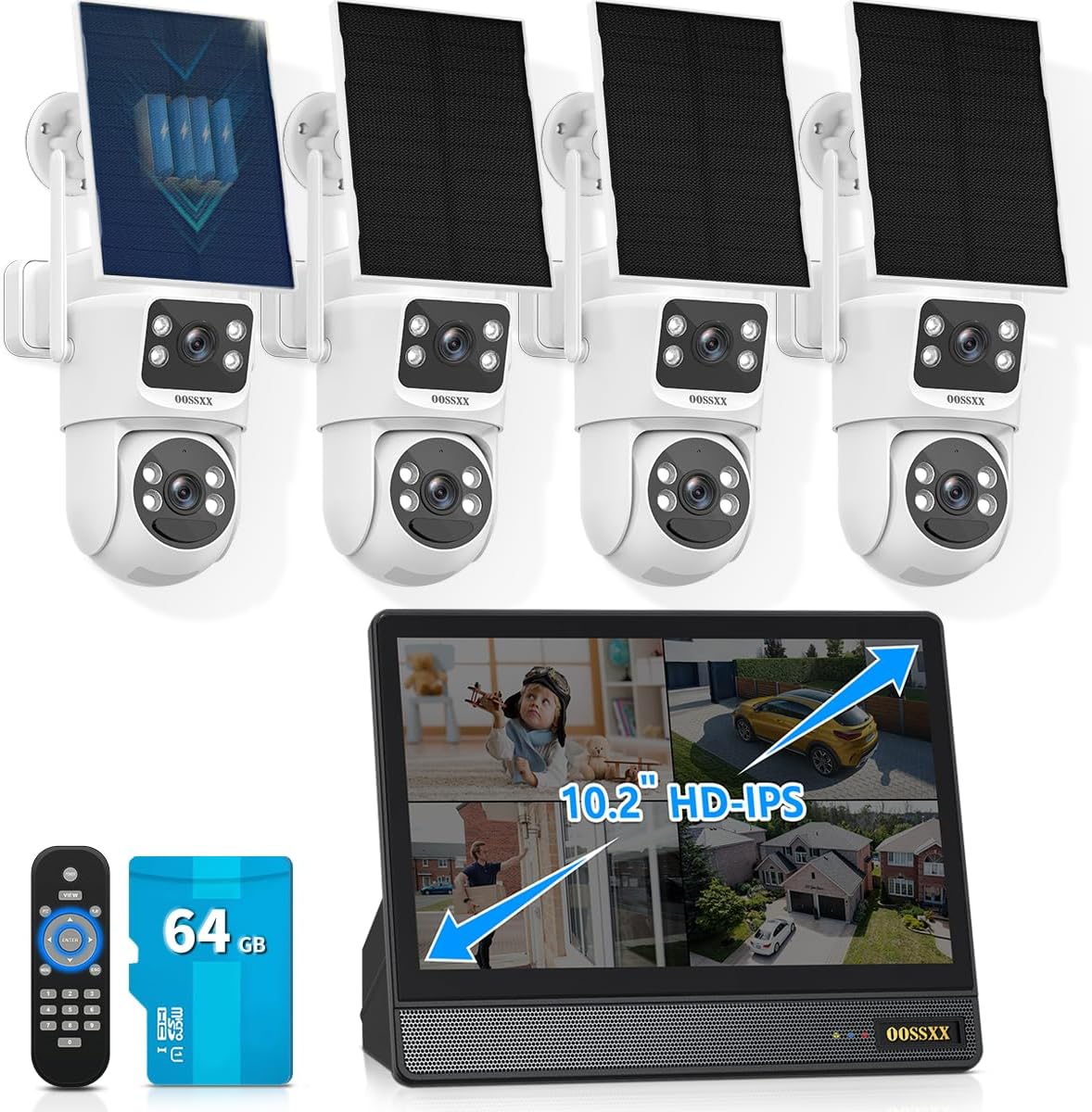 OOSSXX (2026 Updated) Solar Security Camera System Wireless Outdoor, 4MP Dual-Lens PTZ & Fixed View, 10CH NVR with 10" IPS Monitor, 64GB Storage, Dual Antennas, No Monthly Fee, 4-Cam Kit