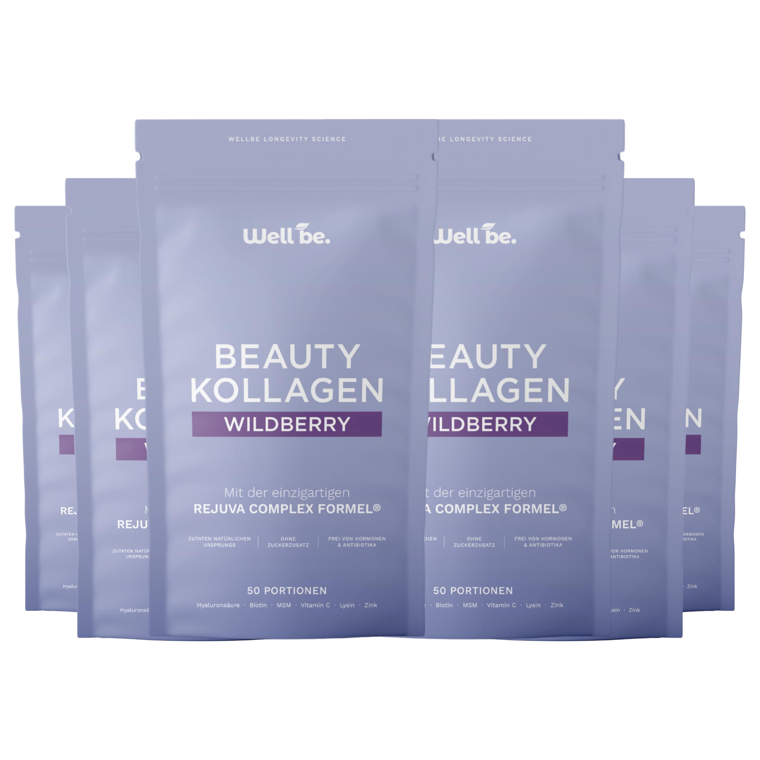 Wellbe Kollagen Pulver Wildberry - hochdosiert mit maximal bioaktivem Kollagen Hydrolysat, Biotin, Zink, Vitamin C & Hyaluron - Collagen Pulver - Kollagenpulver Peptide Made in Germany 6 x 250g