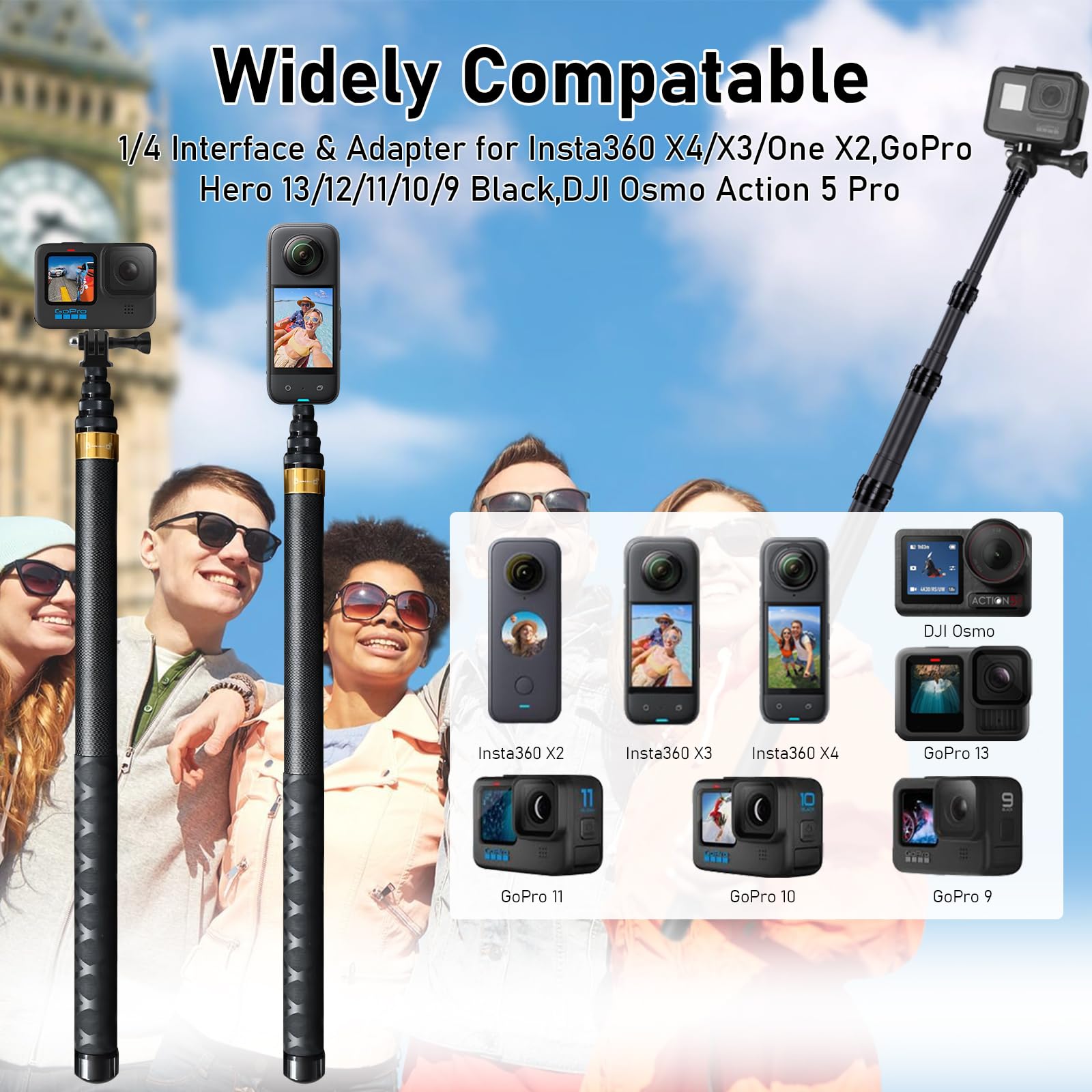 3M/300cm Unsichtbarer Selfie Stick für Insta 360 X5 X4 X3 ONE X2 DJI Osmo 360, Kohlefaser Selfie Stick Langer Selfie-Stab Einbeinstativ mit Adapter für GoPro Hero 13 12 11 10 9 Black, Gold