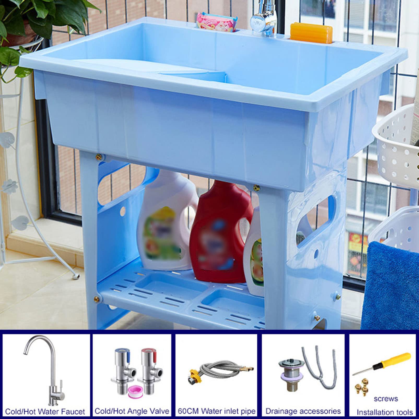Lavabo Multiusos con Tabla de Lavar y Grifo - Lavadero Exterior Independiente para jardín, balcón, Garaje y Limpieza de baños.