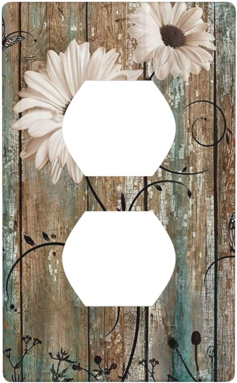 Rustic Daisy Flower Decorative Outlet Cover Wall Plate Single Duplex Receptacle Cover 1 Gang Switch Plate Electrical Accessories, 4.50 x 2.76 Inch