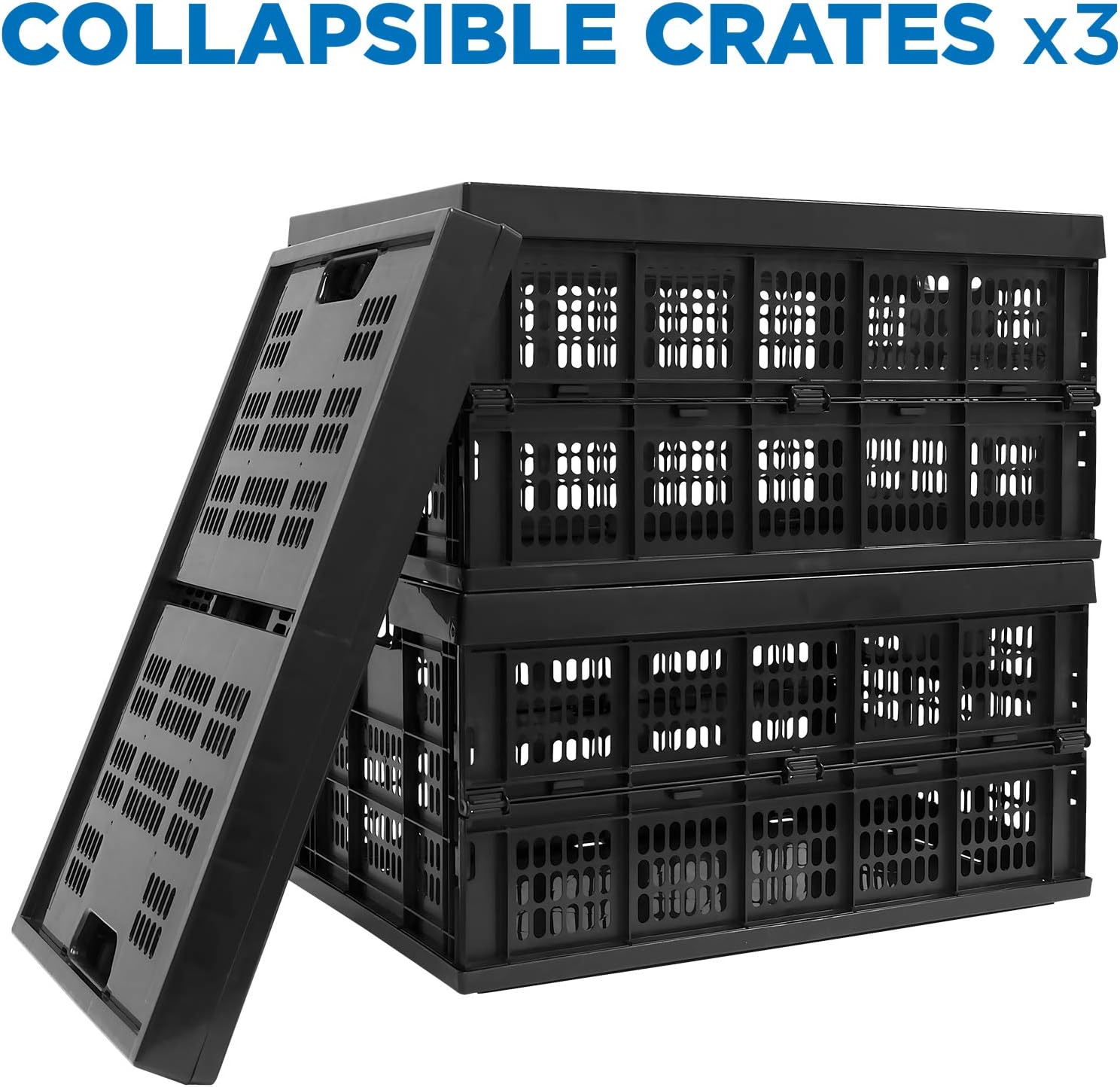Work-It! Collapsible Milk Crates | 49 Liter Stackable Storage Bins | Set of 3 Folding Plastic Crates