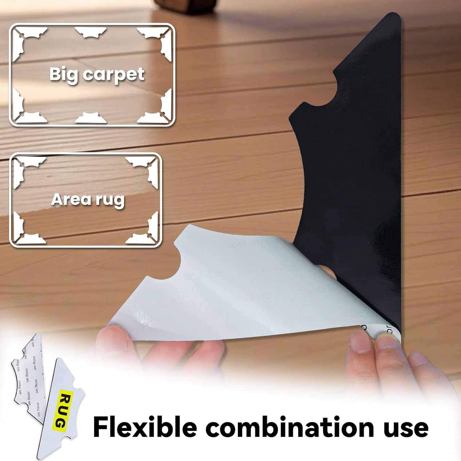 Rug Non Slip Grippers, Reusable Rug Corner Pads for Hardwood Floors, Laminate Floor, Tiles, LVP Floors, Strong Firmly Carpet Tape for Area Rugs, Removable and No Residue, 32Pcs