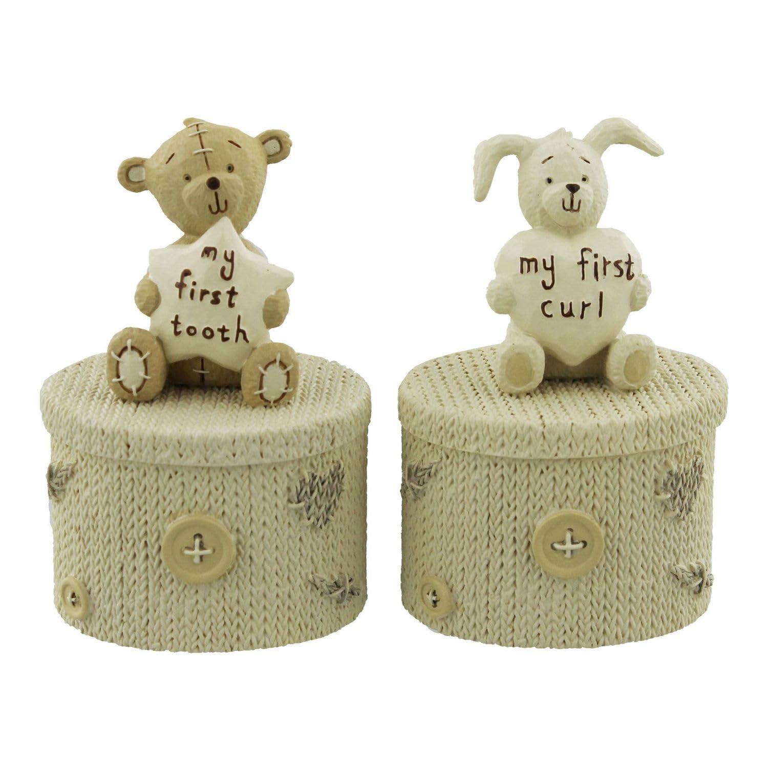 Resin First Tooth and First Curl Set Christening Rabbit & Teddy Trinket Boxes CG752