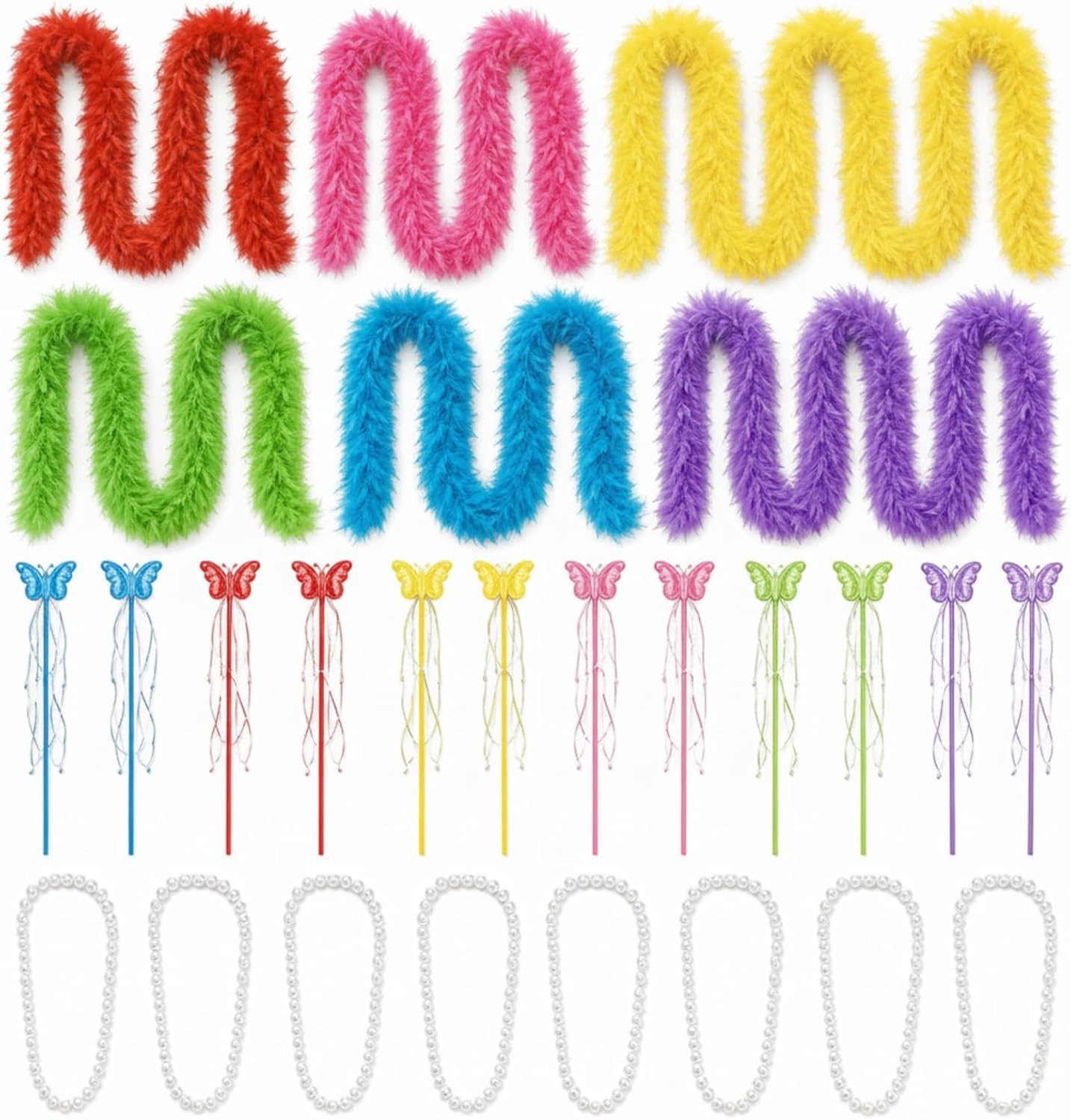 Yinder 32 Pack Princess Party Favors Decoration Pack 12 Feather Boa Party 12 Butterfly Wands 8 Faux Pearl Necklace for Halloween Princess Costume Accessories Birthday Parties Supplies