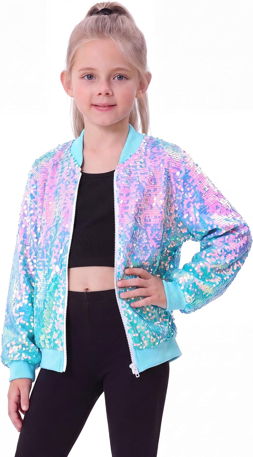 Gnainach Sequin Jacket for Girls Long Sleeve Zipper Bomber Coat 6-12Y | Shimmering sequin bomber jacket with soft lining, smooth zipper, dual pockets for parties, dance, and daily sparkle.