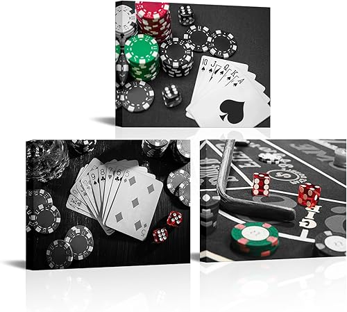 Biuteawal 3 paneles de arte de pared blanco y negro con fichas, pintura sobre lienzo, póster de casino, impresión de obras de arte, pub, club, bar,