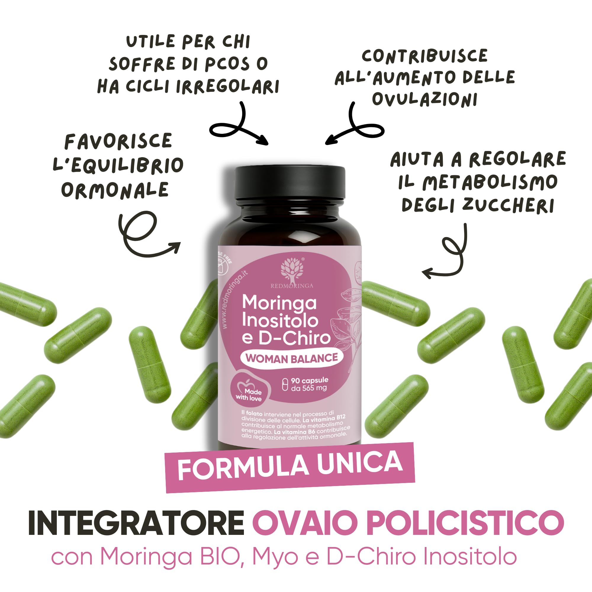Myo INOSITOLO + DChiro per PCOS con Acido Folico, Vitamine B12, B6, D e Moringa BIO | Integratore Woman Balance Ovaio Policistico, Regolarità Ciclo, Migliore Ovulazione | 90 Capsule - RedMoringa