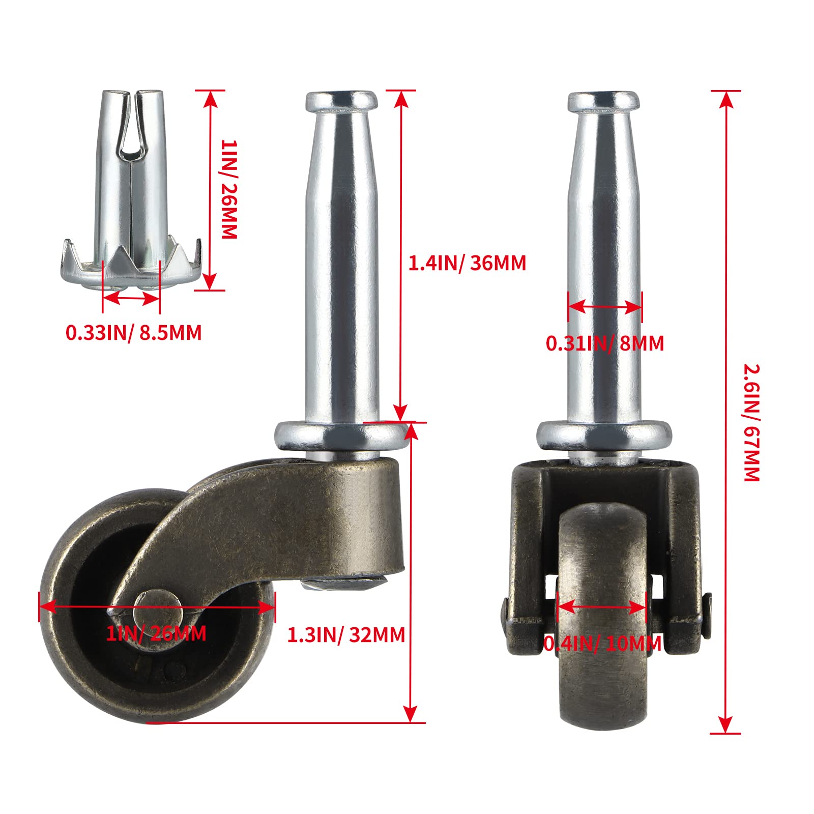 Skelang 4 Pcs Swivel Stem Caster 26 mm, Zinc Alloy Castor with Socket - Image 3