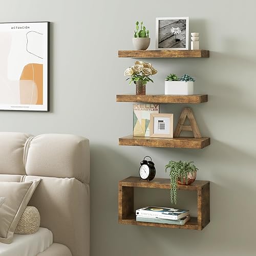 Miniatura 6 de Fixwal Estantes flotantes, estantes rústicos de baño de 4 + 1 nivel sobre el inodoro con soportes invisibles, decoración de pared de granja para