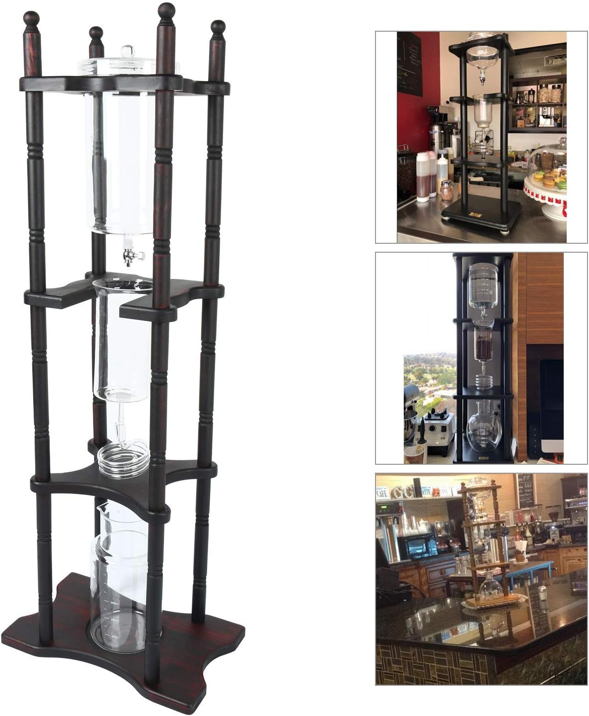 PayOff 25 Cup Cold Drip Maker Coffee Tower with Iced Slow Drip Technology, 25 Cup Cold Brew Coffee Maker, Dark Brown Wood Frame Included