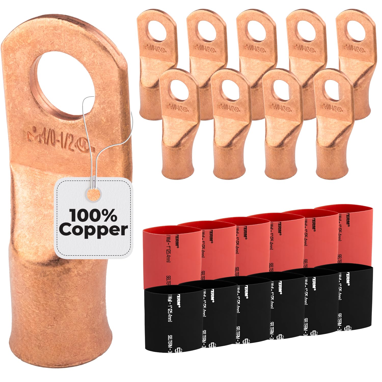 SELTERM 10pcs - 4/0 Awg - 1/2" Stud - Battery Lugs - Ring Terminal Connectors | with 12pcs 3:1 Black & Red Heat Shrink Tubing with Adhesive | Heavy