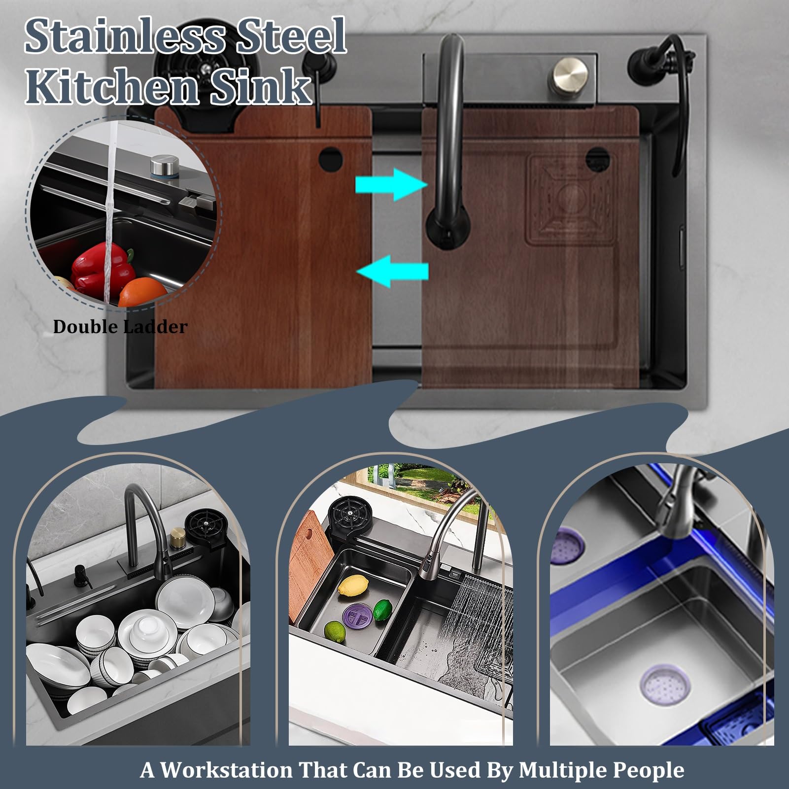 50 Cm De Ancho Fregadero De Cocina Con Grifo Cocina Extraible, 1 Cubeta De Acero Inoxidable Nanorrevestimiento, Fregadero Negro Con Cascada Así Como Otros Accesorios(Black-Grey B,85x50cm)