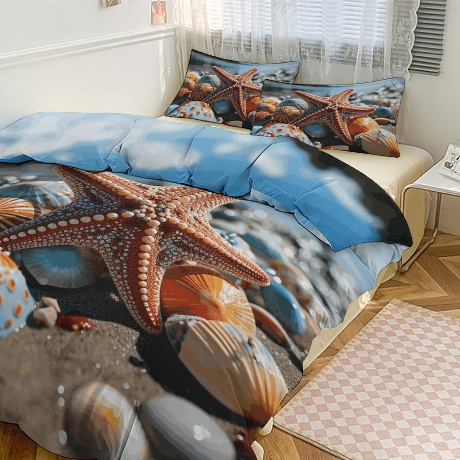 Couvre-lit et taie d'oreiller motif étoiles de mer pour grand lit douillet