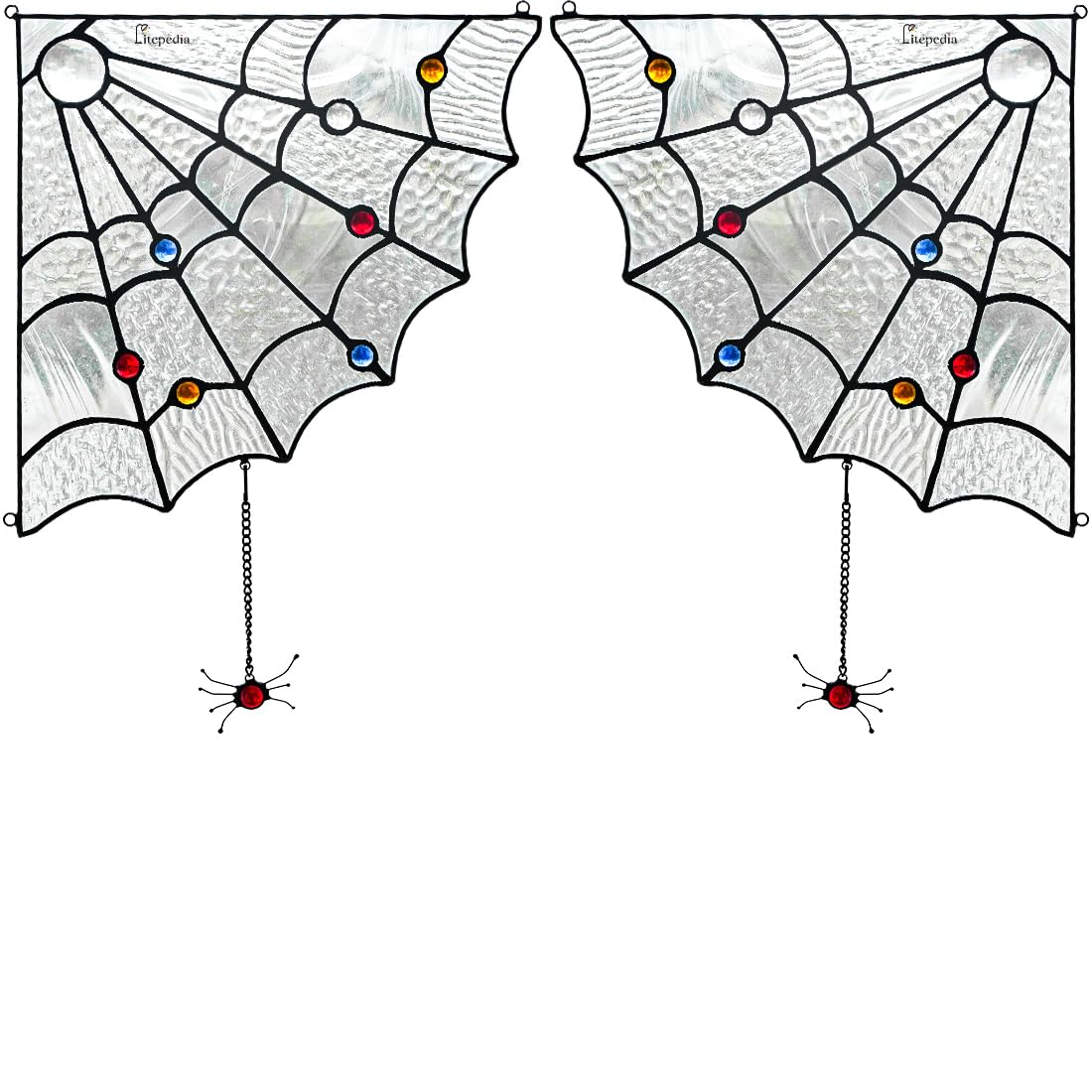 LITEPEDIA Stained Glass Corner Window Hangings, Spider Web Decor Glass Panel, Halloween Decor, Left & Right Side Usable, Set of 2