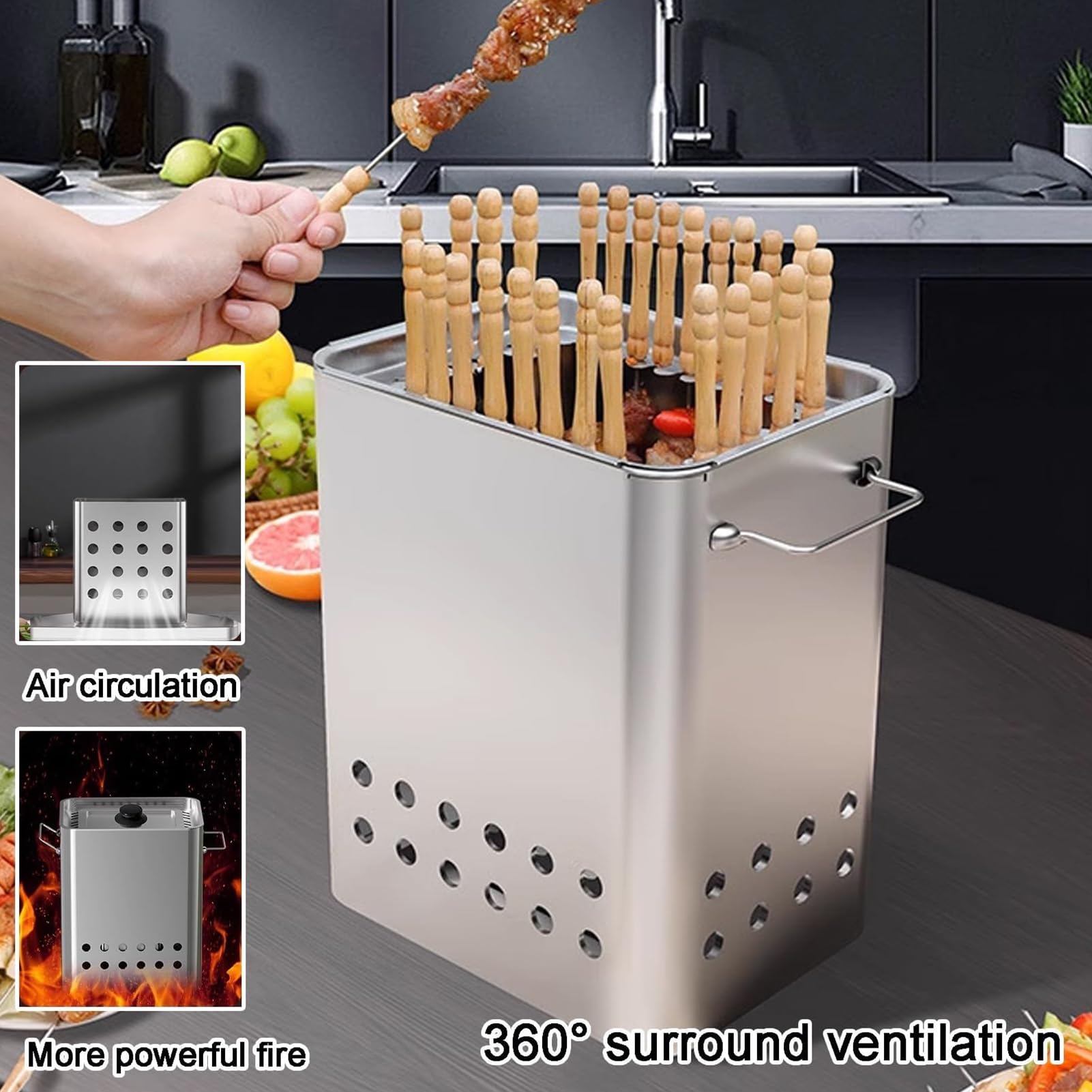 Pionowy Grill Węglowy Typu Smoker, Przenośny Bezdymny Grill BBQ z 26 Szaszłykami i Rusztem, Równomierne Ogrzewanie 360°, Grill Wiszący ze Stali Nierdzewnej do Kempingu Ogrodu i Przyjęć (Bezwęglowy)