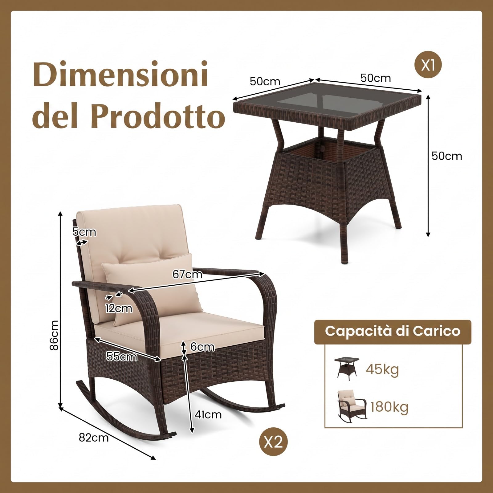 SOARS Salotto da Giardino Esterno 3 Pezzi, Set Giardino Esterno in Rattan con 2 Sedie a Dondolo e Tavolino in Vetro Temperato, Set Mobili a Dondolo da Esterno con Cucini per Cortile, Piscina, Balcone