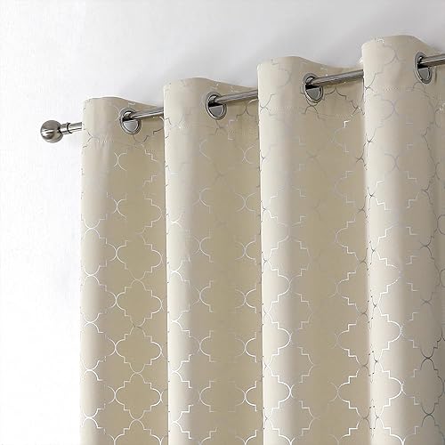 Miniatura 6 de Enactex Cortinas 100% opacas completas de 63 pulgadas de largo, con aislamiento térmico, color beige, con patrón geométrico plateado metálico,