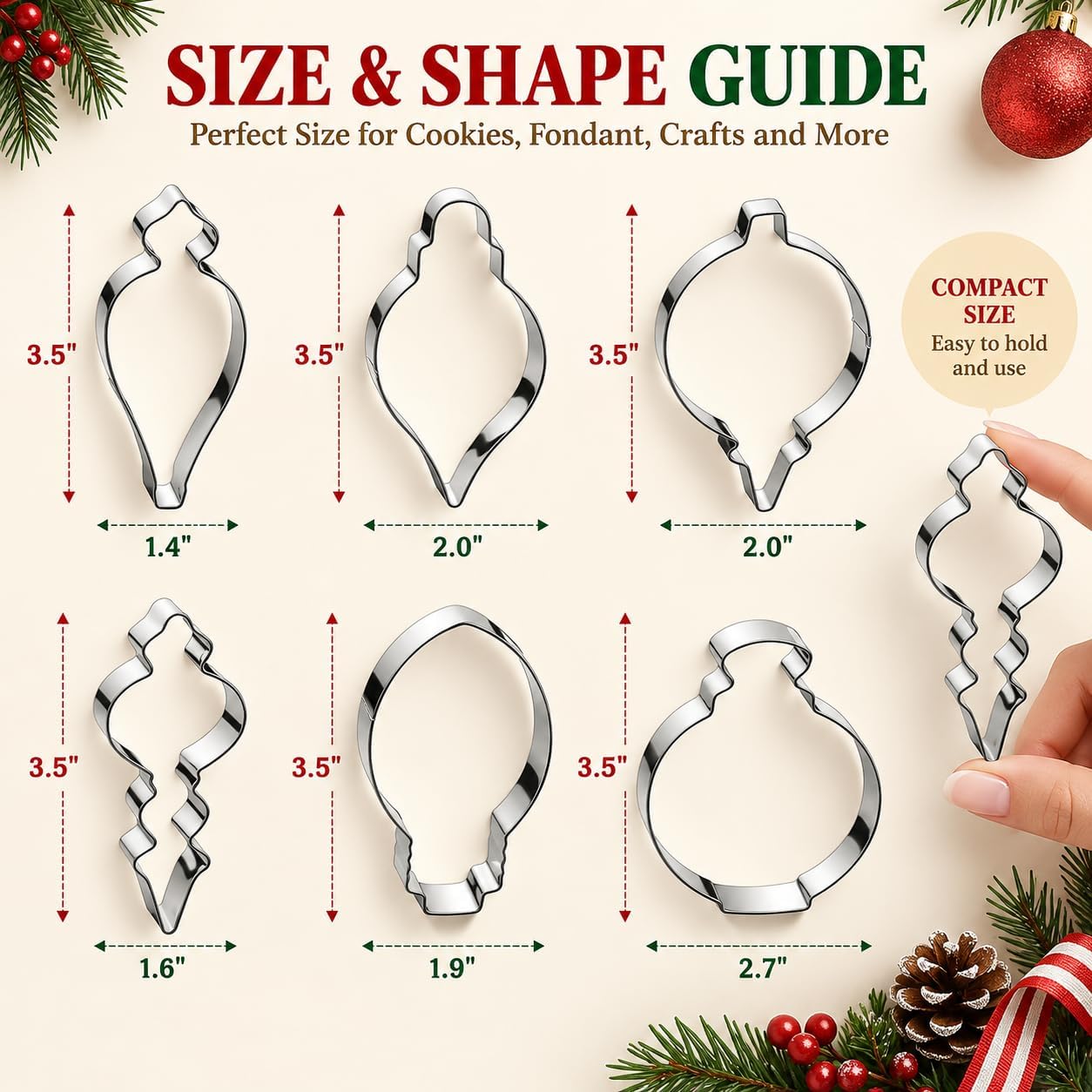 Christmas Cookie Cutters Set - 6 Piece Ornament Shapes - Stainless Steel
