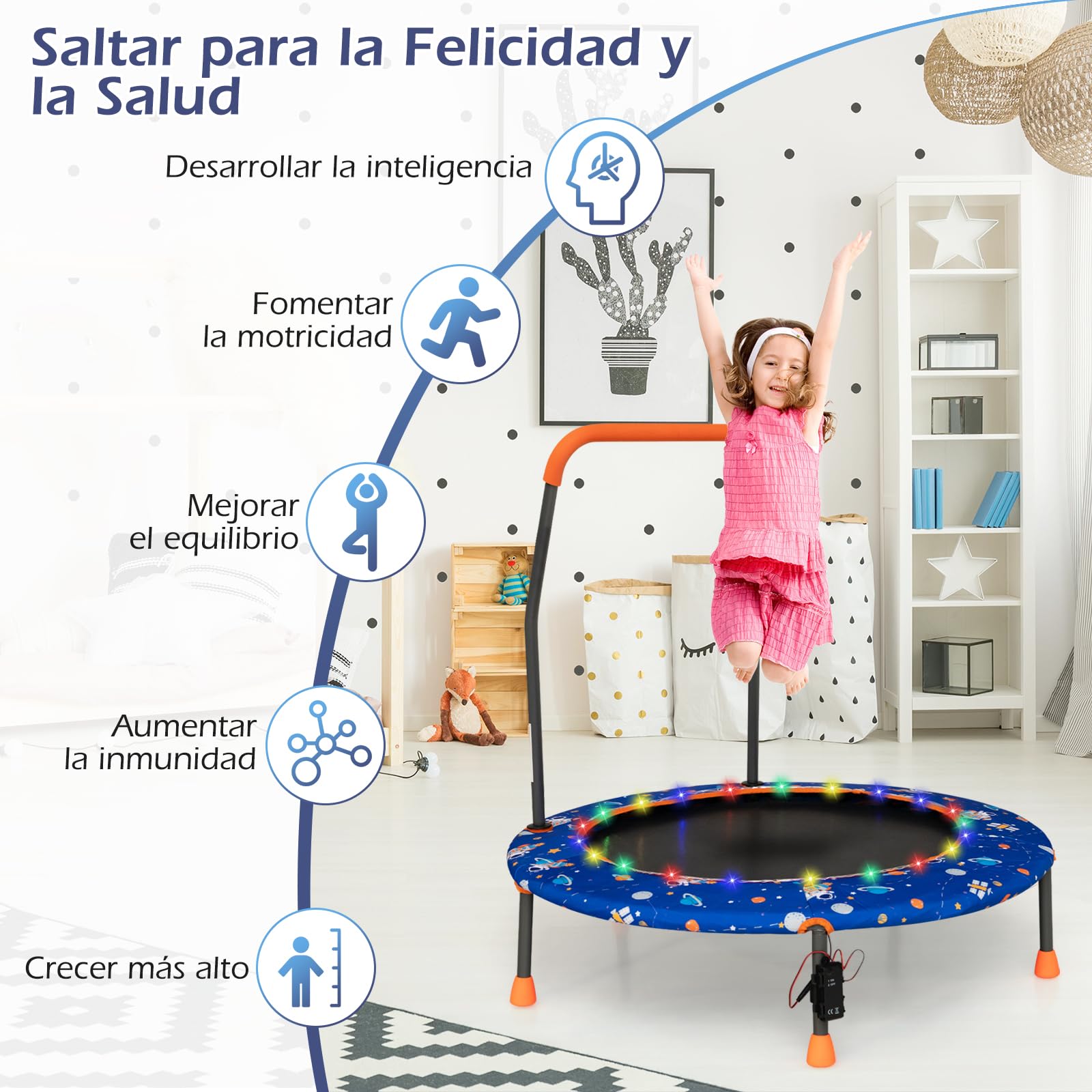 COSTWAY Trampolín para Niños de 92 cm, Mini Trampolín con Manija de Seguridad, Alfombra de Salto Redonda & Cubierta Protectora, Trampolín Infantil de 3 a 6 años para Interior