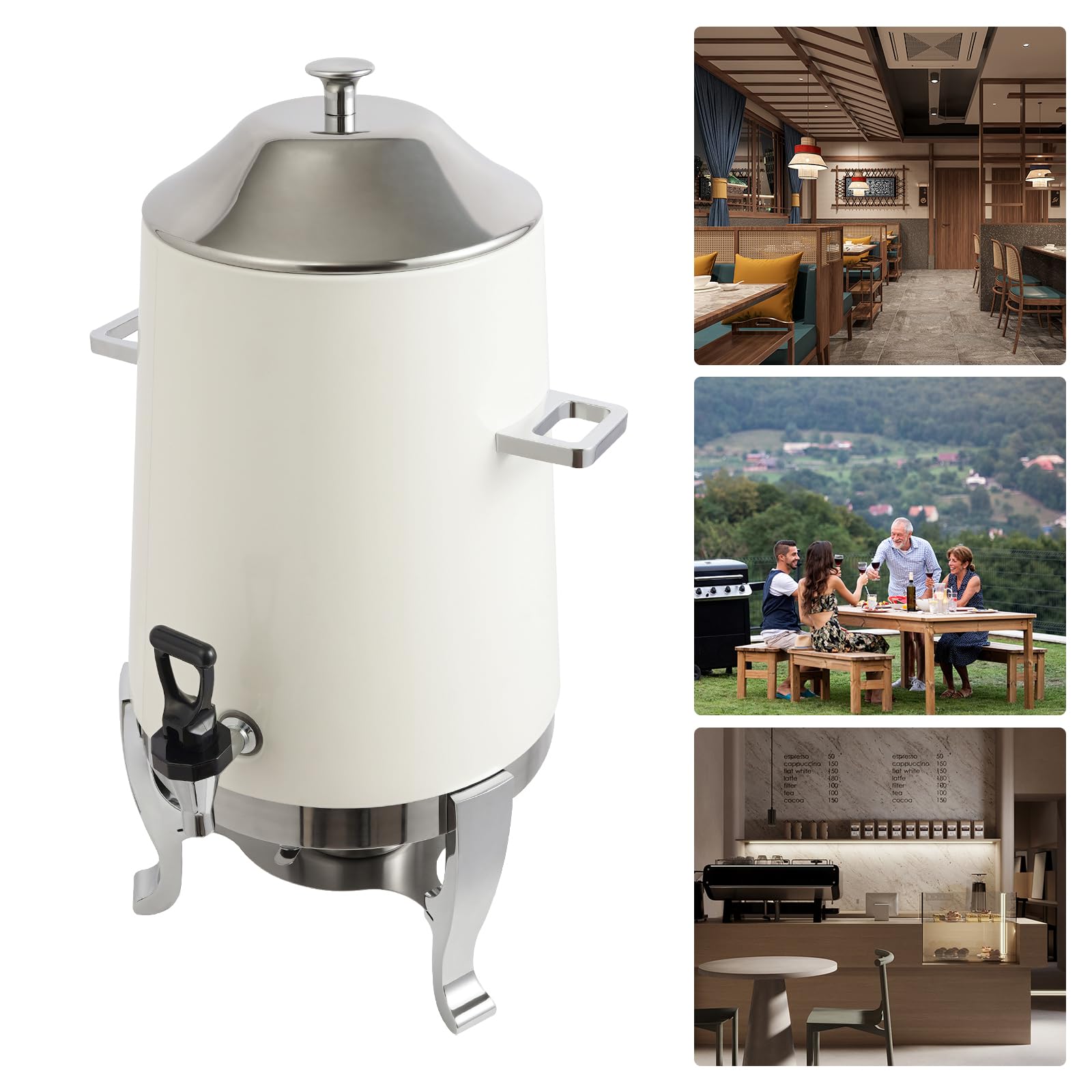 Distributore di bevande da 13 l, con bruciatore per alcol, in acciaio inox | Distributore di bevande calde e fredde, scaldavivande con rubinetto, contenitore termico per hotel, matrimoni, feste