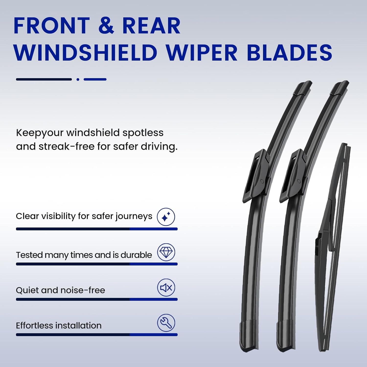 EMITHSUN® Windshield Wipers Replacement for Smart Fortwo Coupe 4-Door 2020 2019 2018 2017 2016 2015 2014 Premium All Weather Front Rear Wiper Blades Set - OEM Quality (Pack of 3)