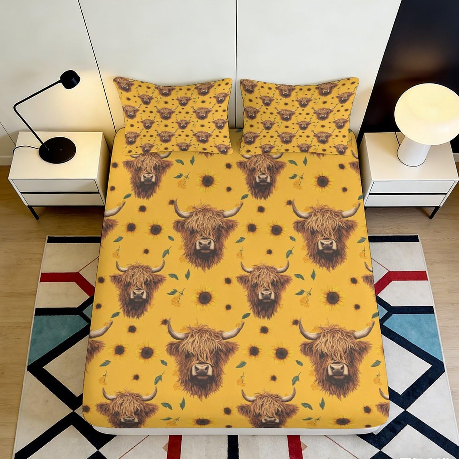 3D Printed Highland Cattle Fitted Sheet Microfiber Soft Durable Sunflower Bed Cover for Bedroom Dormitory Guest Room Mattress Protection 160x200x25cm