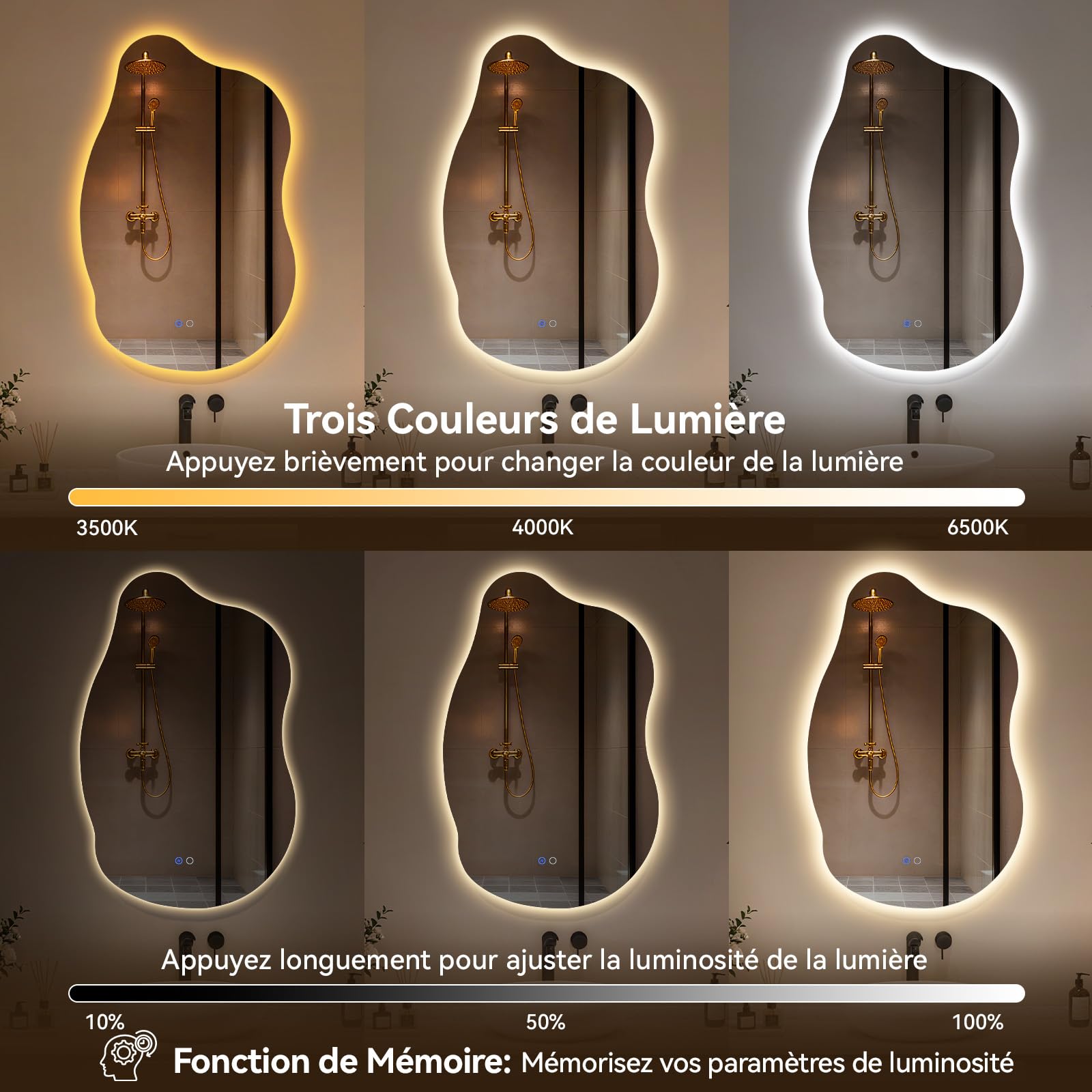 YU YUSING Miroir Asymétrique de Salle de Bain Lumineux 85x55cm