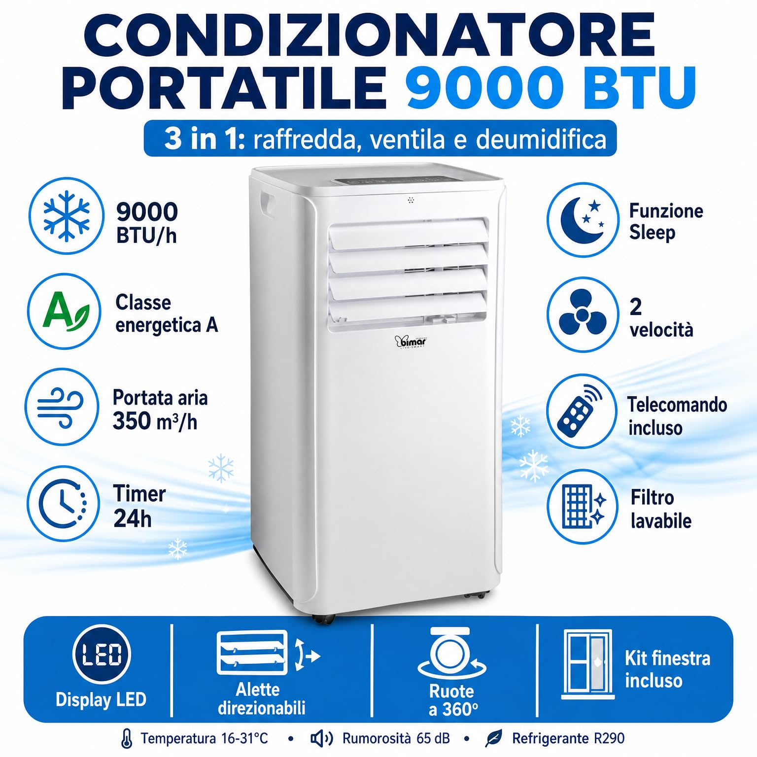 Bimar INB-CP521 Climatiseur mobile 9000 BTU, climatiseur 3 en 1 avec déshumidificateur et ventilateur, classe A, minuterie 24 heures, fonction veille, écran LED, télécommande, filtre lavable, R290