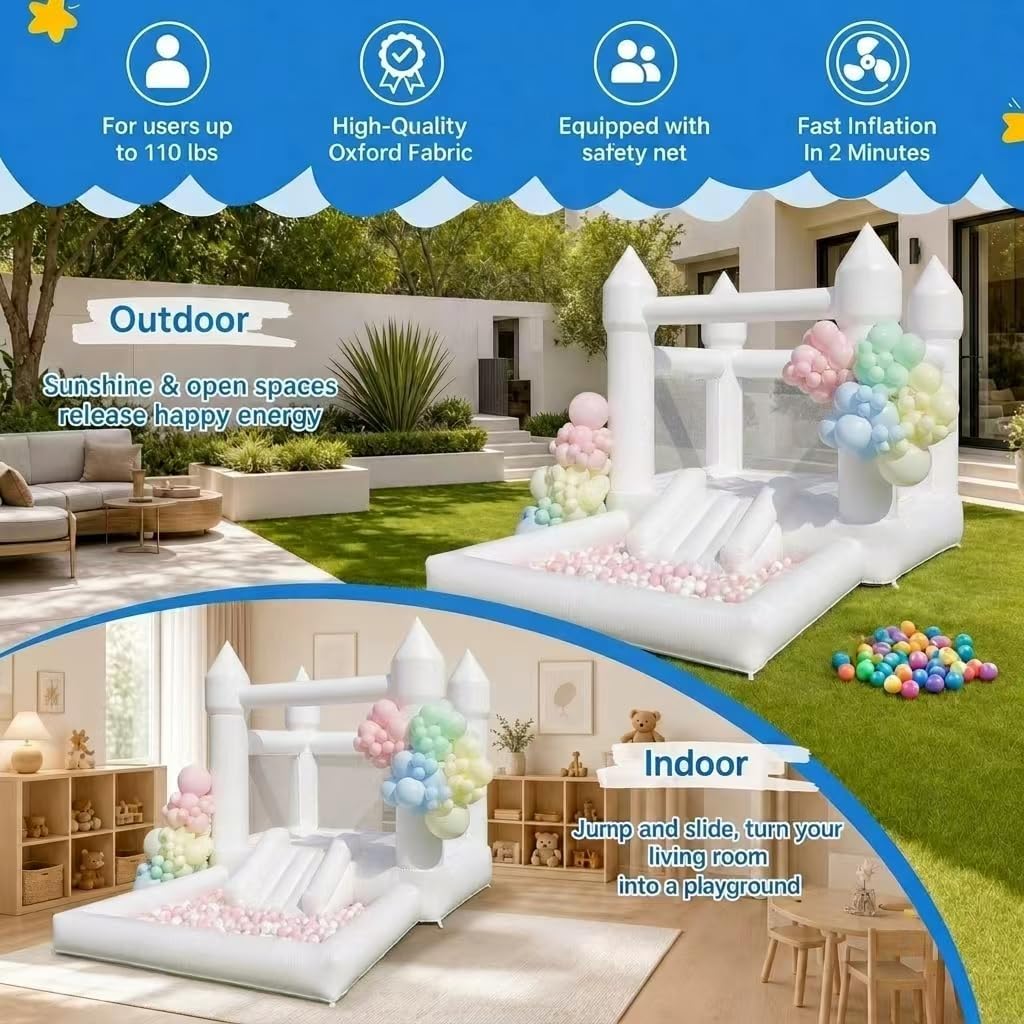 Inflatable White Bounce House Castle - Durable Oxford Material Jumping Bouncer with Blower, Perfect for Kids Birthday Party Indoor & Outdoor(12' L X 7.2' W X 7.2' H)