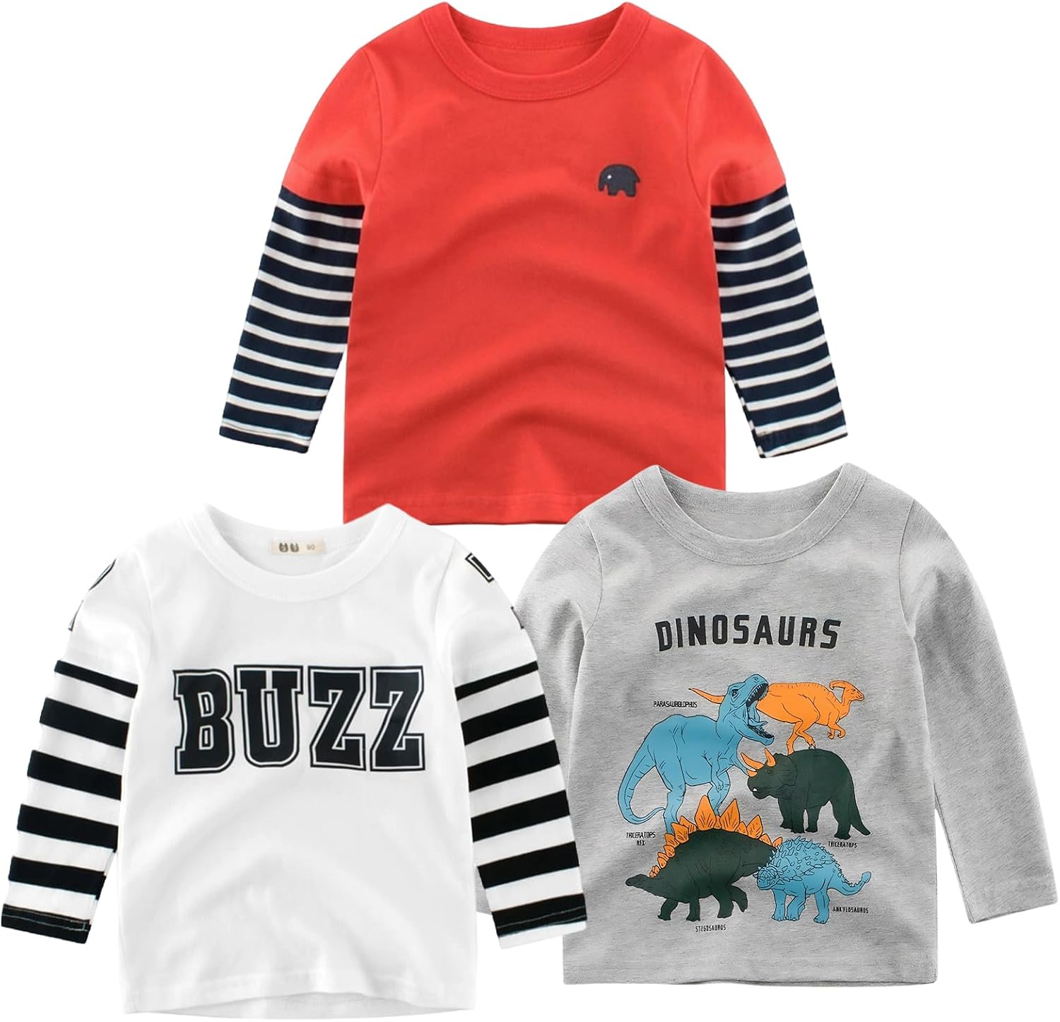 Toddler Boys Girls Long Sleeve T-Shirt Cotton Crewneck Casual Shirts 3 Pack Kids Fashion Graphic Tops 2-9Y