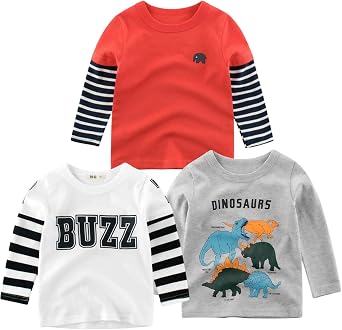 تي شيرت تي شيرت طويل الأكمام تي شيرت قطن Crewneck قمصان عادية 3 Pack Kids Fashion Graphic Tops 2-9Y