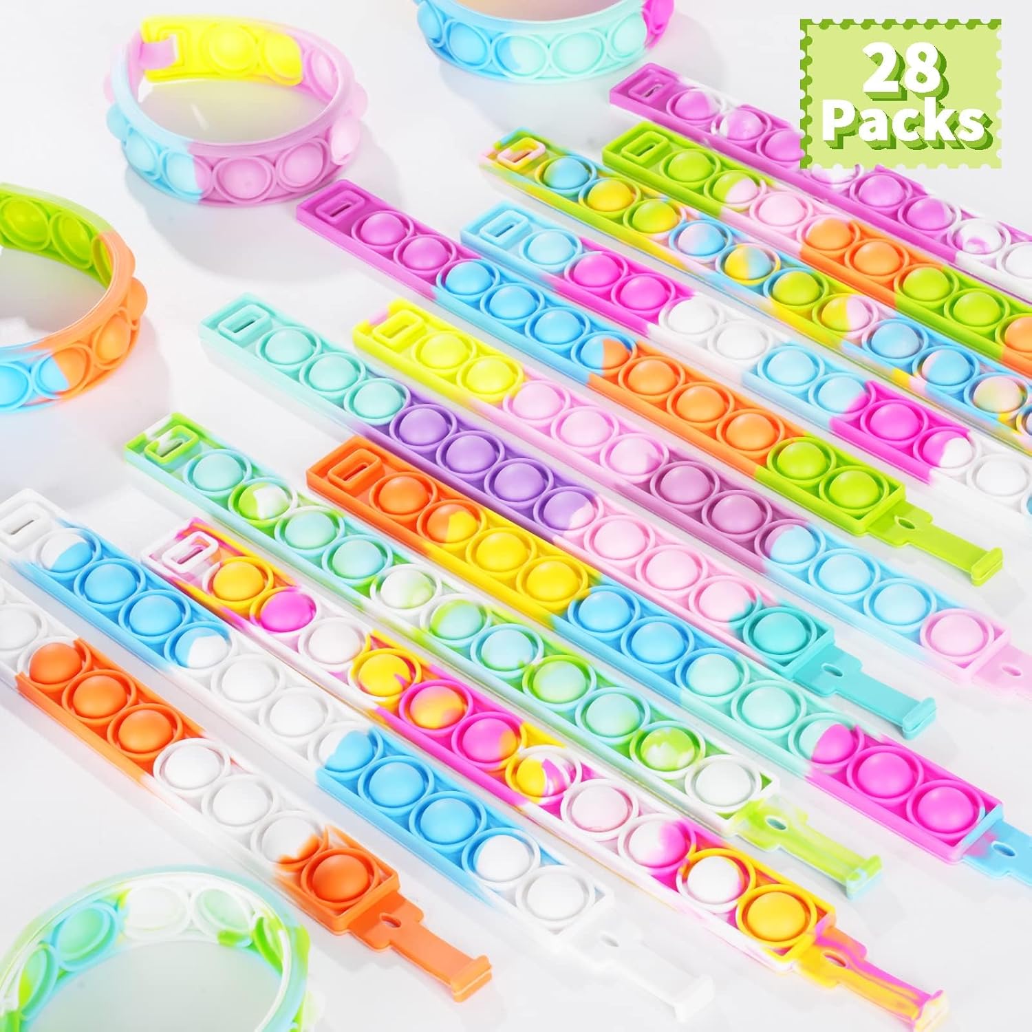 28 Packs Valentines Day Gift Cards with Pop Fidget Bracelets Toy for Kids, Stress Relief Pop Bubble Sensory Toys for School Classroom Valentine’s Exchange Greeting Cards, Boys Girls Party Favors