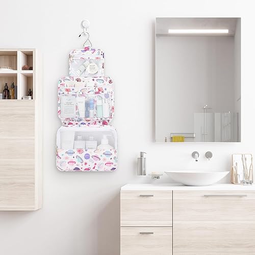 Miniatura 97 de Mossio Neceser colgante con gancho resistente, organizador de viaje grande portátil para maquillaje cosmético para hombres y mujeres Beige,Pájaro