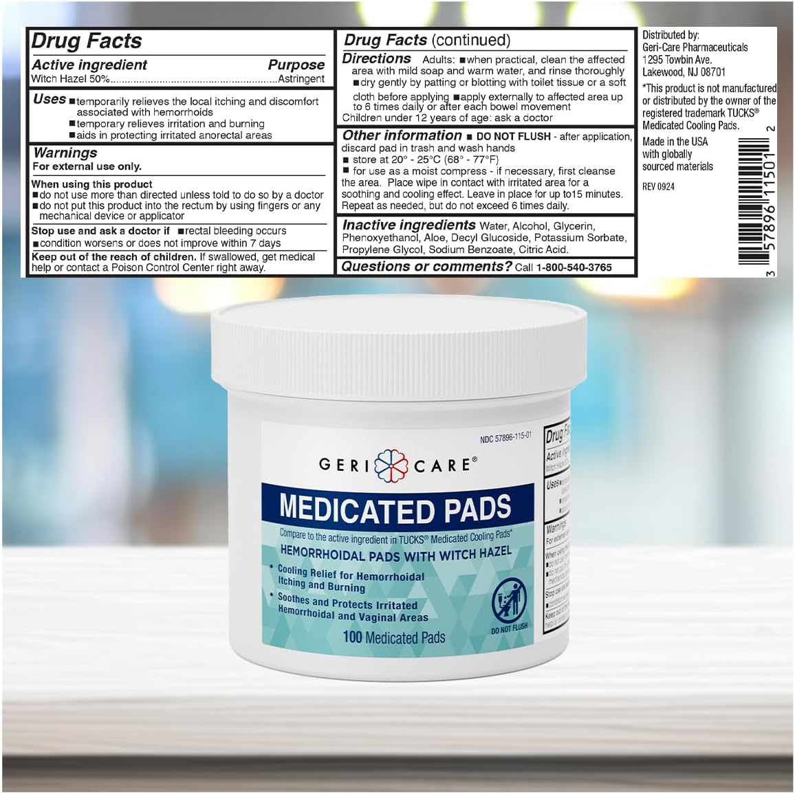GeriCare Medicated Cooling Pads with Witch Hazel, for Soothing Itch, Discomfort and Burning, Pre-Moistened Pads Ideal for Sensitive Areas, 100 Count (Pack of 4)