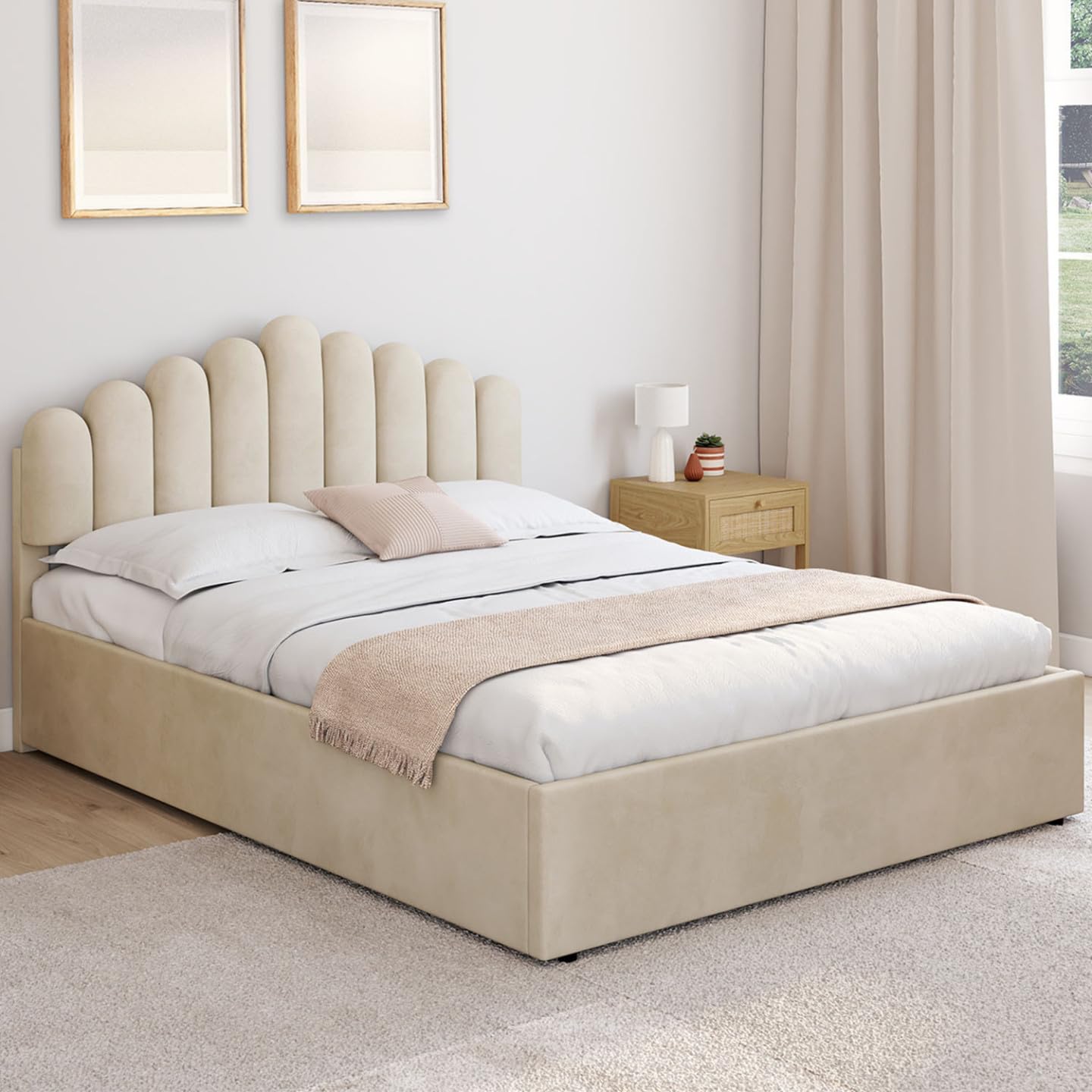 IDMarket - Lit Coffre Double NOELIE 140 x 190 cm Velours Beige