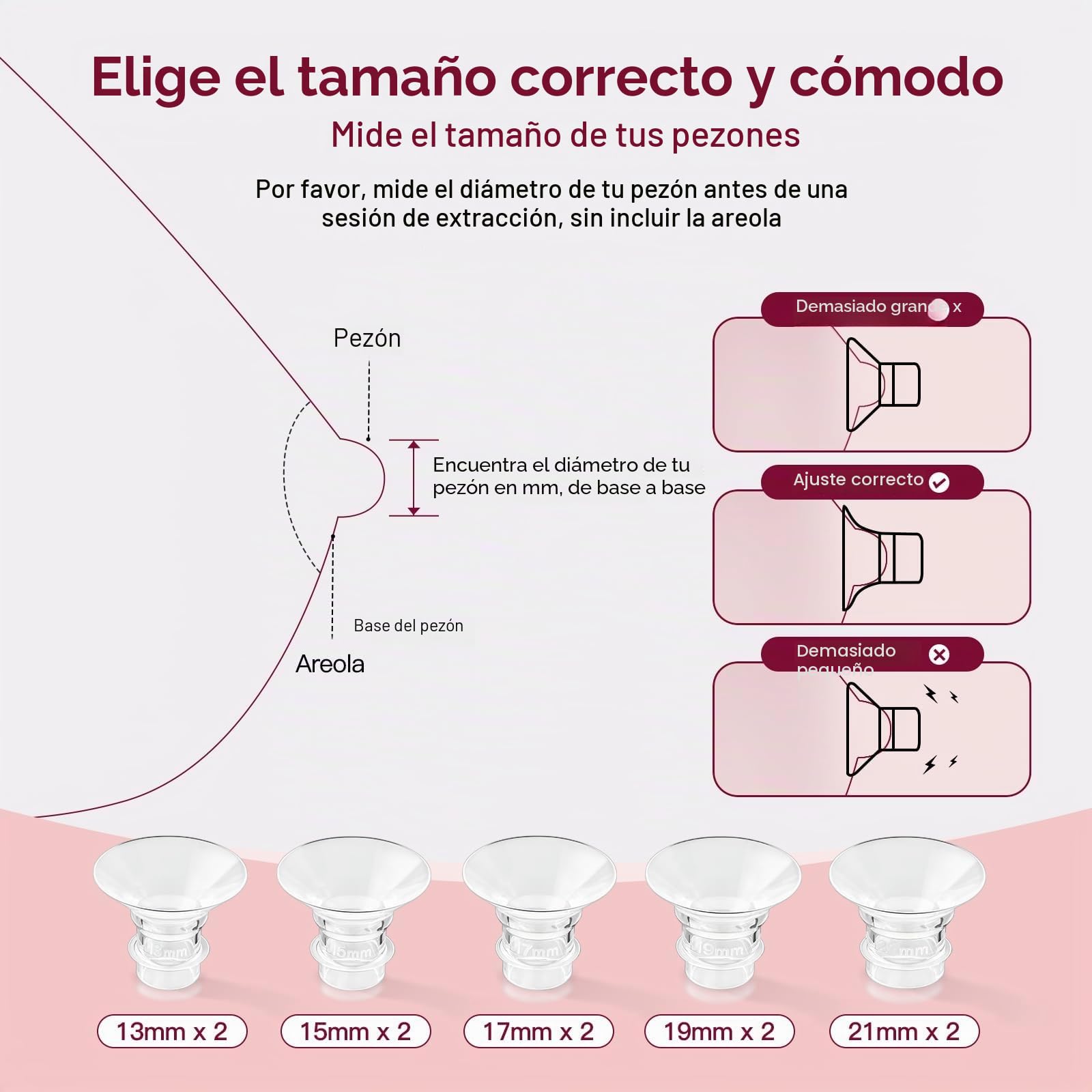 10 insertos de brida 13/15/17/19/21 mm, accesorios de lactancia materna compatibles con la mayoría de bombas de leche eléctricas y manuales, con cepillo de limpieza y tarjeta de medición para pezones
