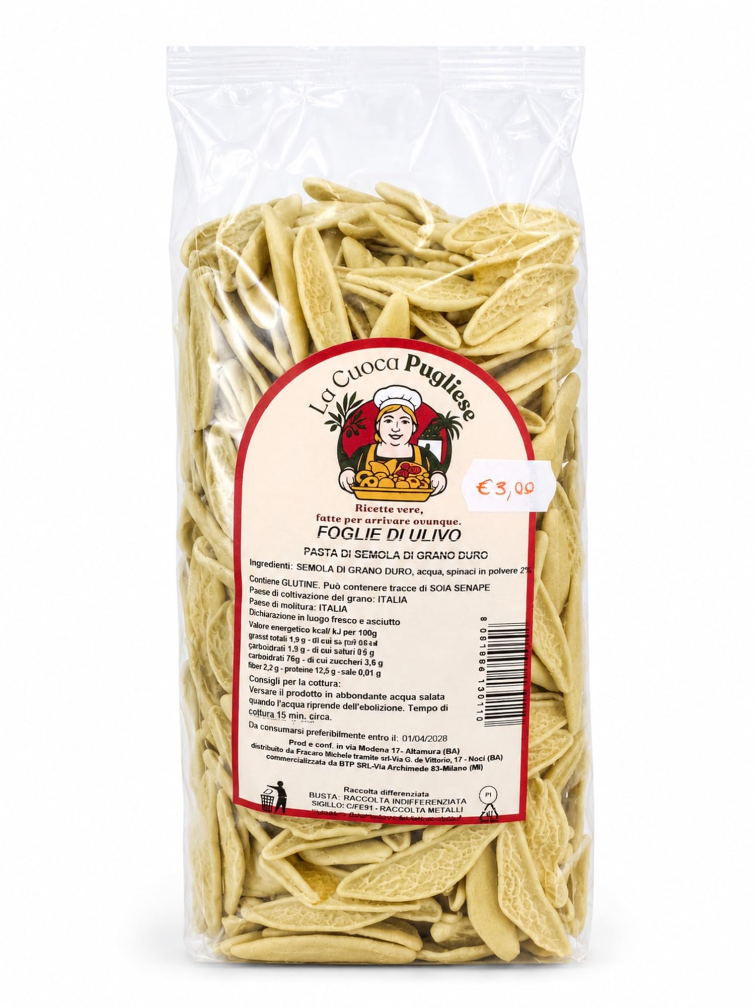 La Cuoca Pugliese - Foglie d'Ulivo, produzione artigianale pugliese, confezione da 10 pacchi x 500 g, pasta italiana