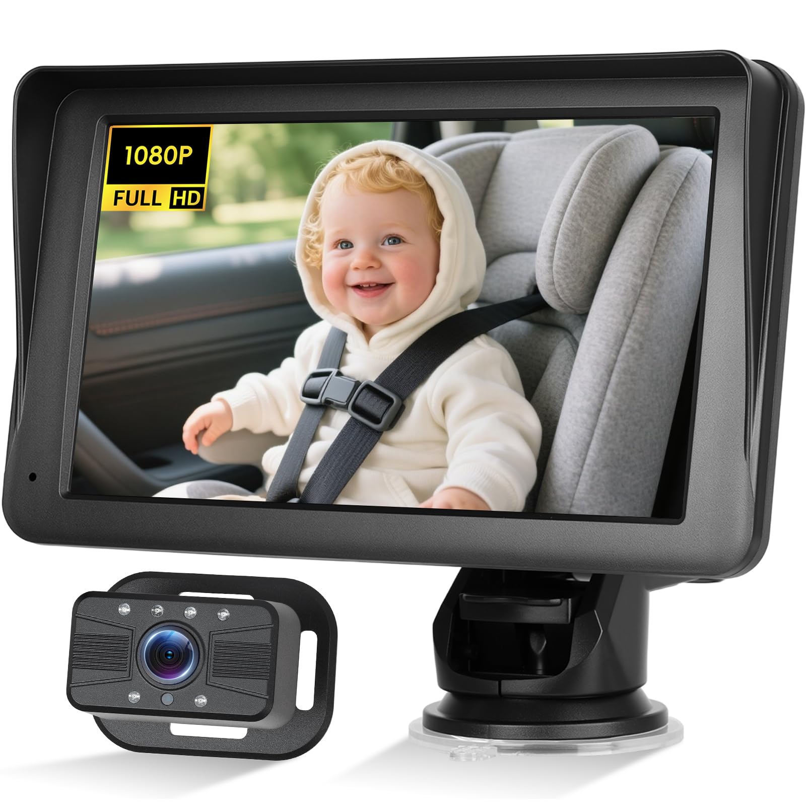Caméra bébé 7'' avec écran Tactile IPS - Babyphone sans Fil Android Auto, AirPlay, Android Cast, Bluetooth, GPS en Ligne, Vision Nocturne avec éclairage Infrarouge, Installation Facile, 7-32V