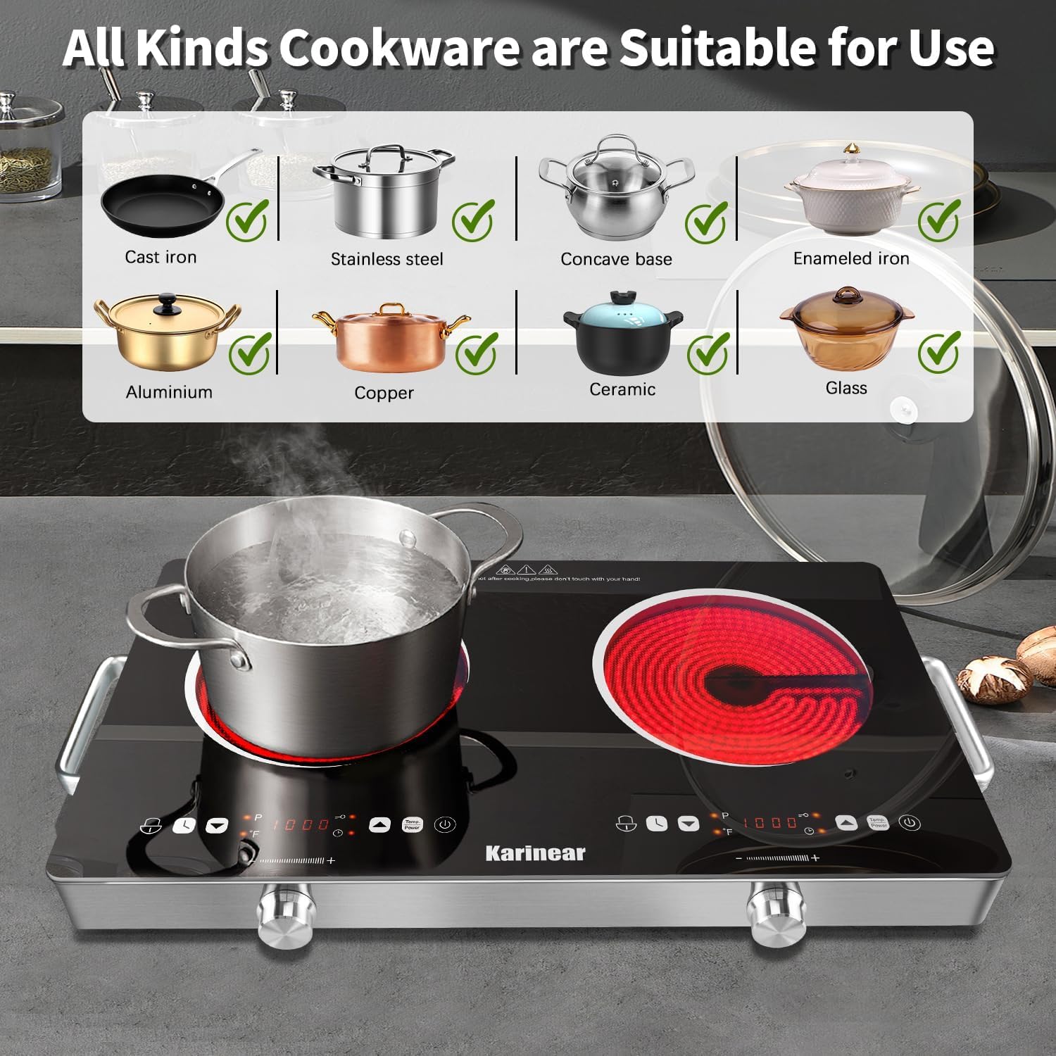 Karinear Double Ceramic Hob 2 Zone, 3200W Built in Electric Hob with Safety Lock & Knobs & Touch Control, 56cm Coutertop Hob with 9 Power Levels, 4 Hour Timer, 220-240V — view 7