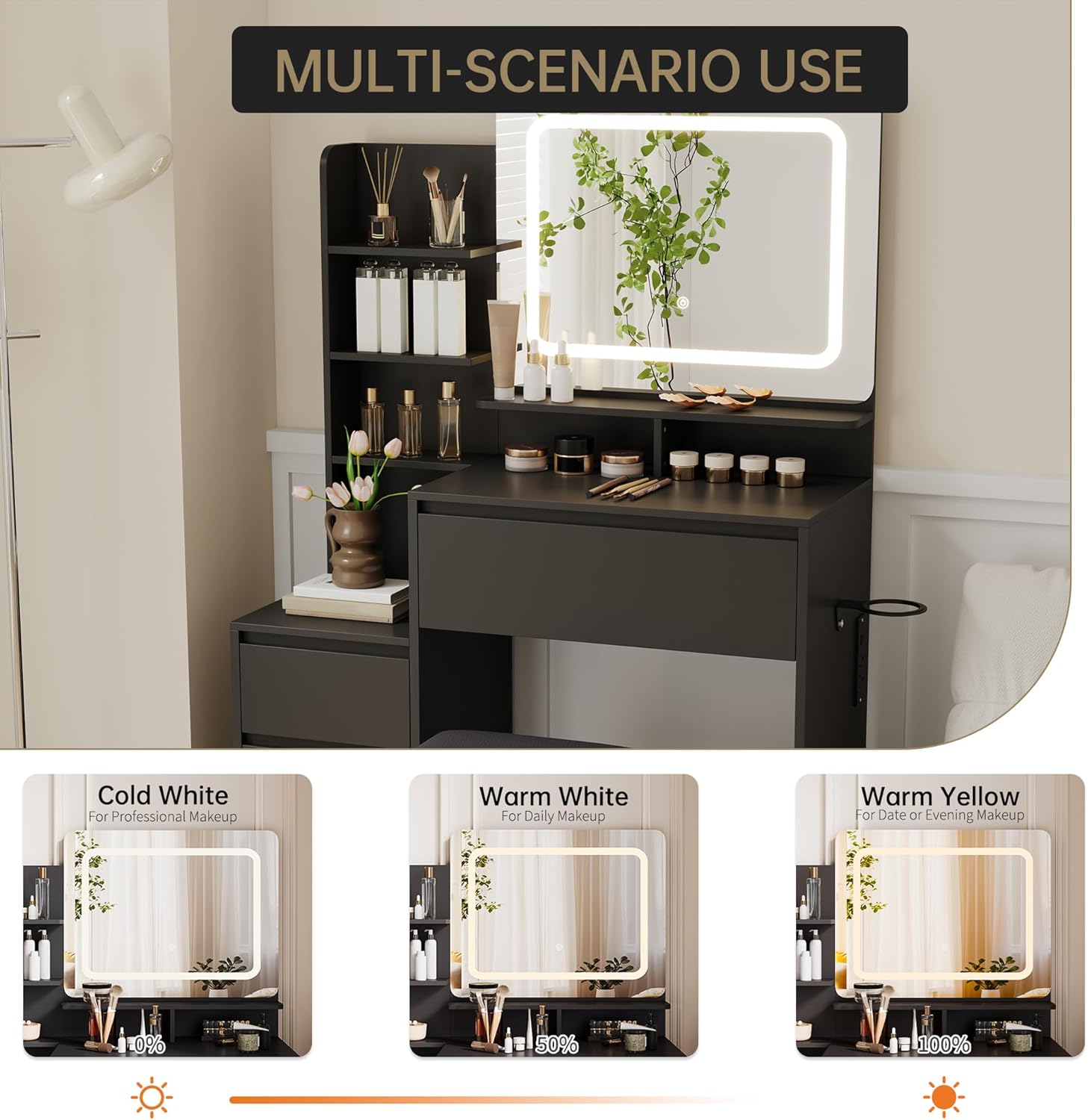 Makeup Vanity Desk with Mirror and Lights with Drawers, Power Outlet, USB Ports, Stool, Dressing Table with 3 Lighting Color Adjustable for Bedroom, Women,