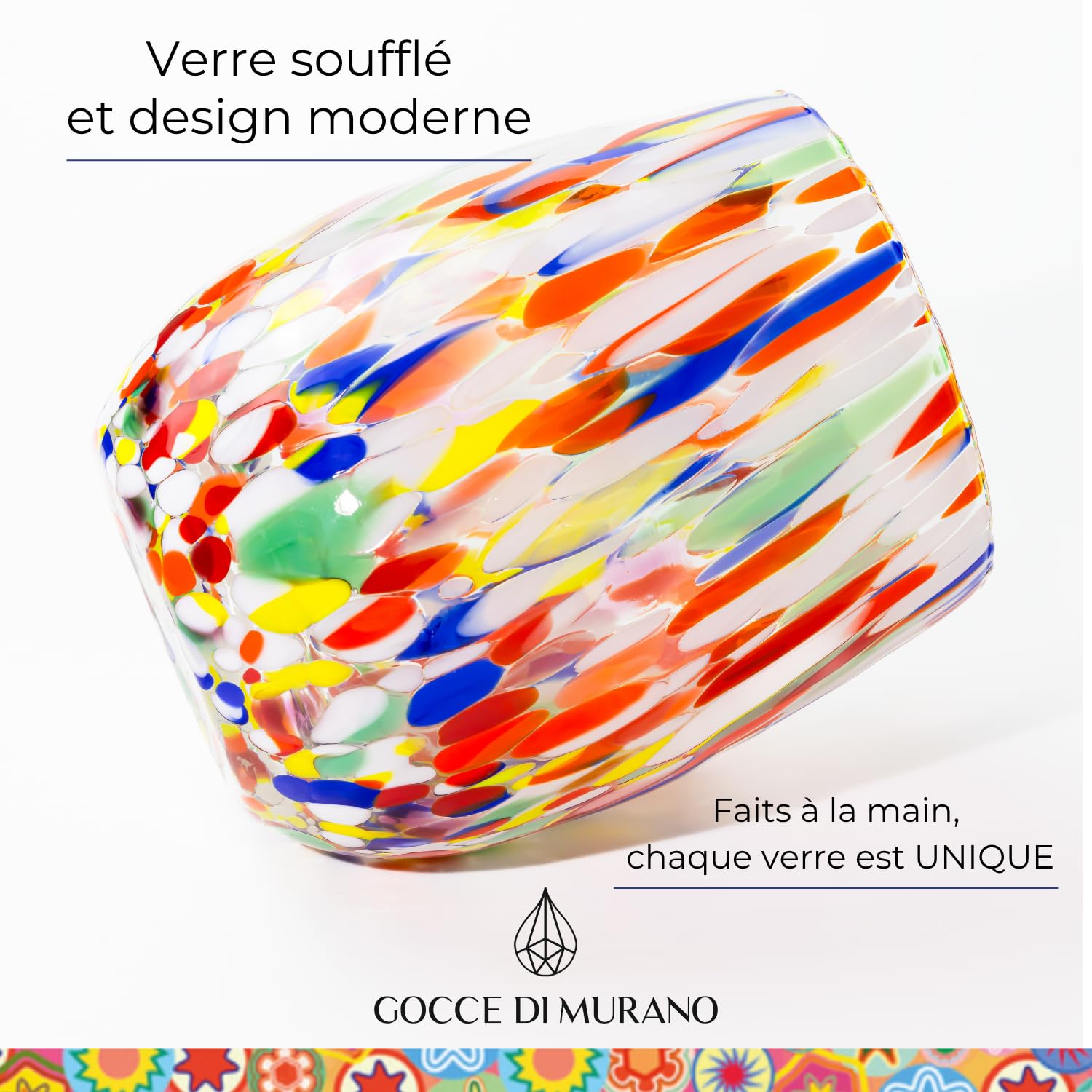 Gocce di Murano Lot de 6 verres à eau travaillés selon la tradition des artisans de Murano, verre soufflé et travaillé à la main, 300 ml - verres à eau, verre arc-en-ciel, pluie
