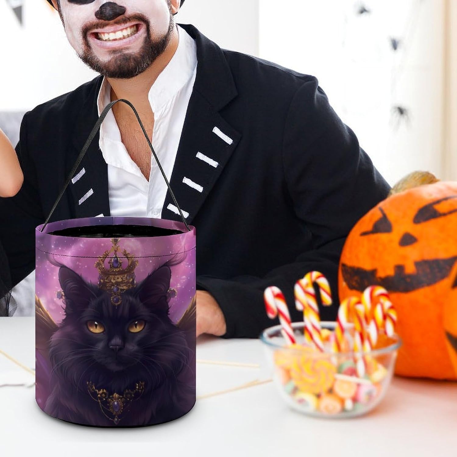Witchy Black Cat Halloween Treat Bag Reusable Candy Basket Tote Goody Bags Gift Party