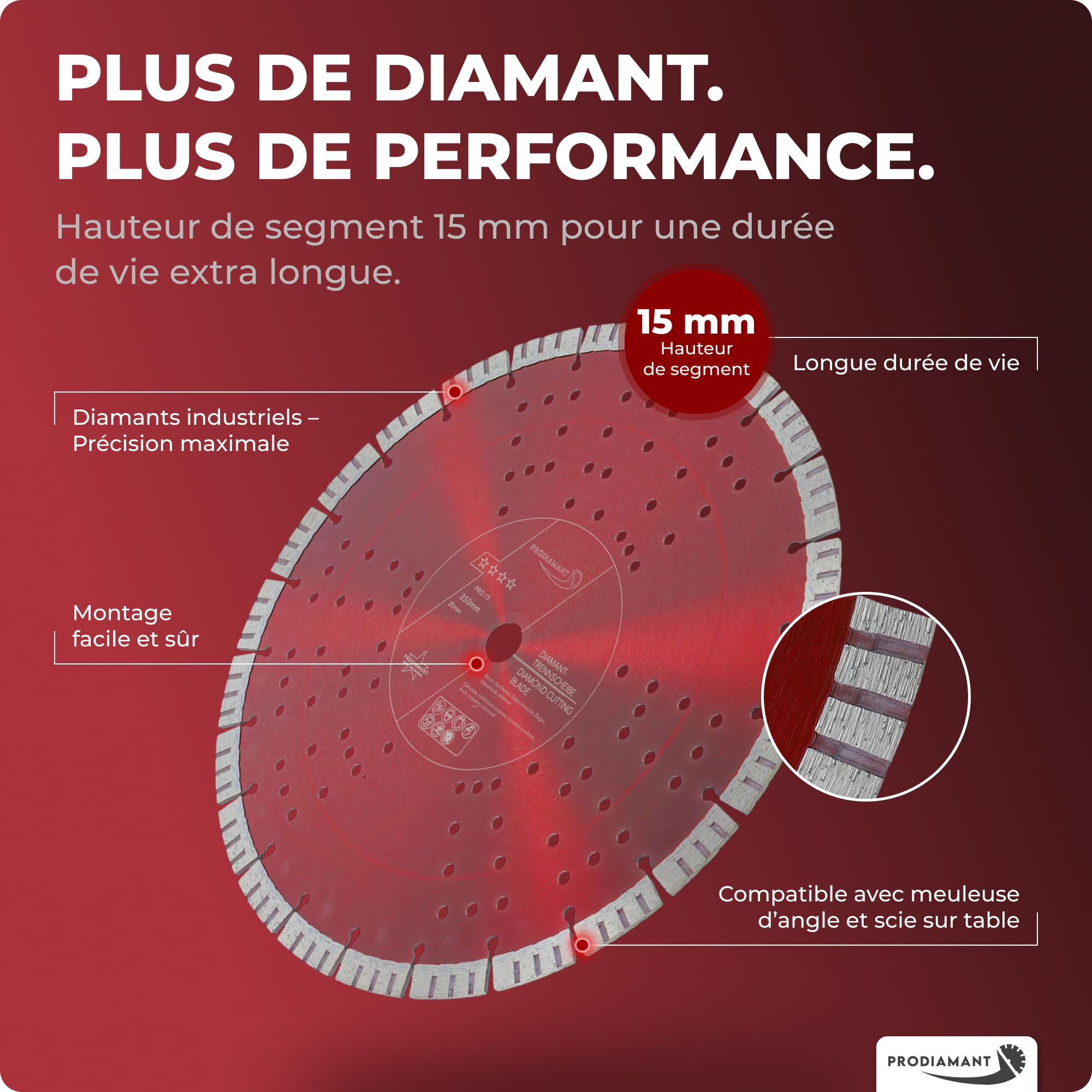 PRODIAMANT Pro15 Disque diamant béton Ø 350 mm x 20 mm segments 15 mm coupe rapide longue durée professionnel scie de sol