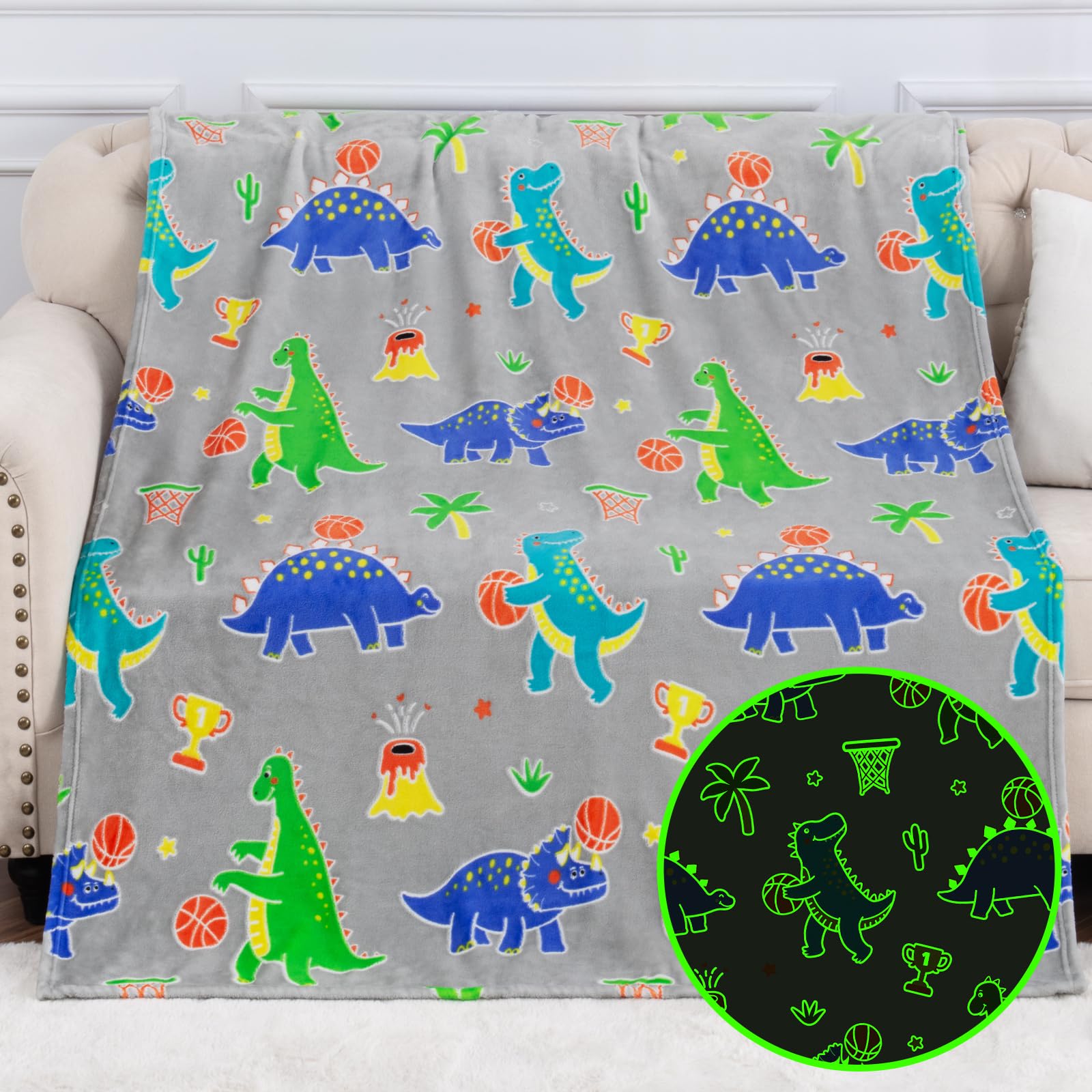 Boulou Dinosaur Toy Gifts Blankets Glow in The Dark for Boys Girls, Dino Basketball Hoop Bed Decor for Kids Teens, Fun Dinosaurs Toys Gift for Age 3 4