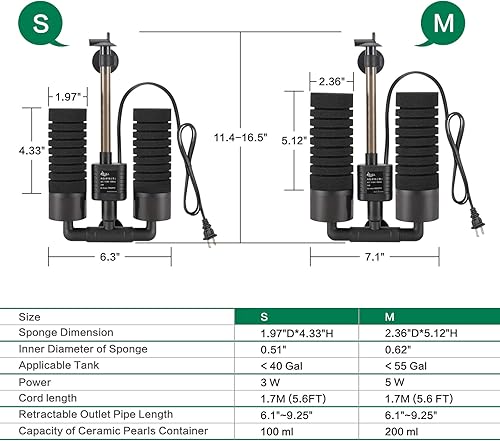 Miniatura 7 de AQQA Filtro de esponja de energía eléctrica para acuario, filtro de espuma sumergible de silencio de 3 W5 W, esponjas de cerámica bio, filtro doble