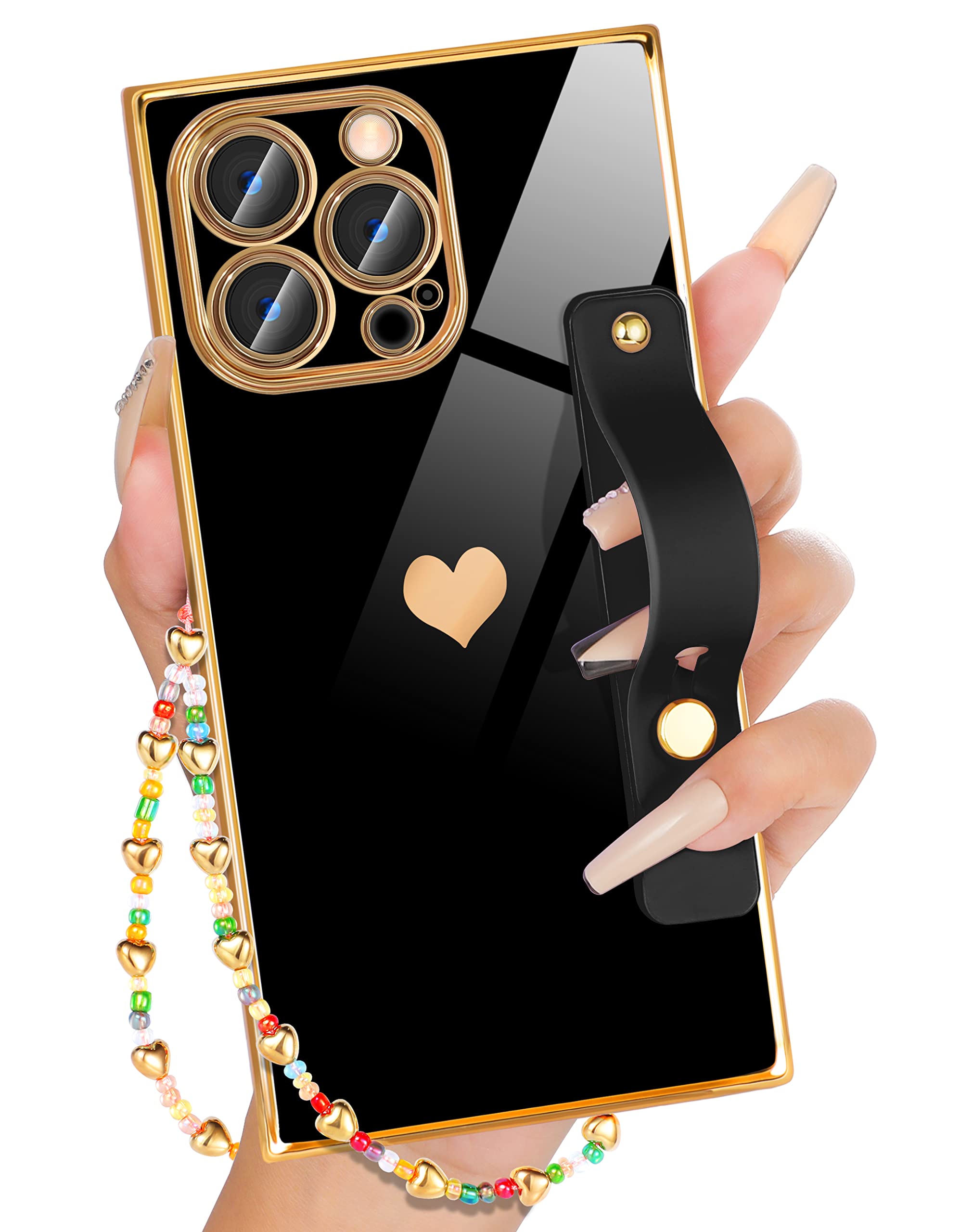 Petitian for iPhone 14 Pro Case with Stand/String, Luxury Cute Women Girls Heart Electroplated Designer Phone Cases for 14 Pro, Black