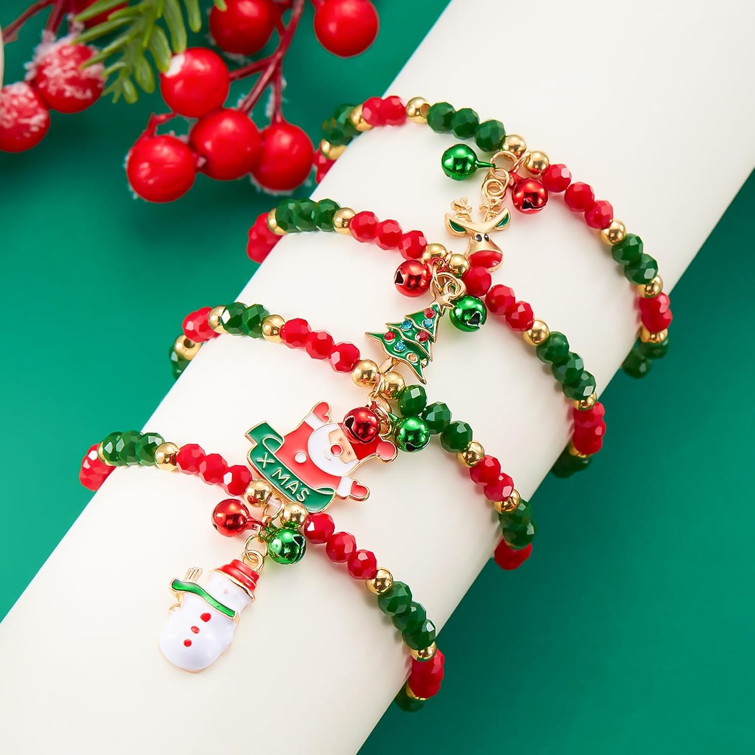 Nanafast 4 PCS Christmas Bracelet Set Santa Claus Snowflake Christmas Tree Beaded Stretch Bracelet for Women Thanksgiving Xmas Holiday Party Gifts - Image 2