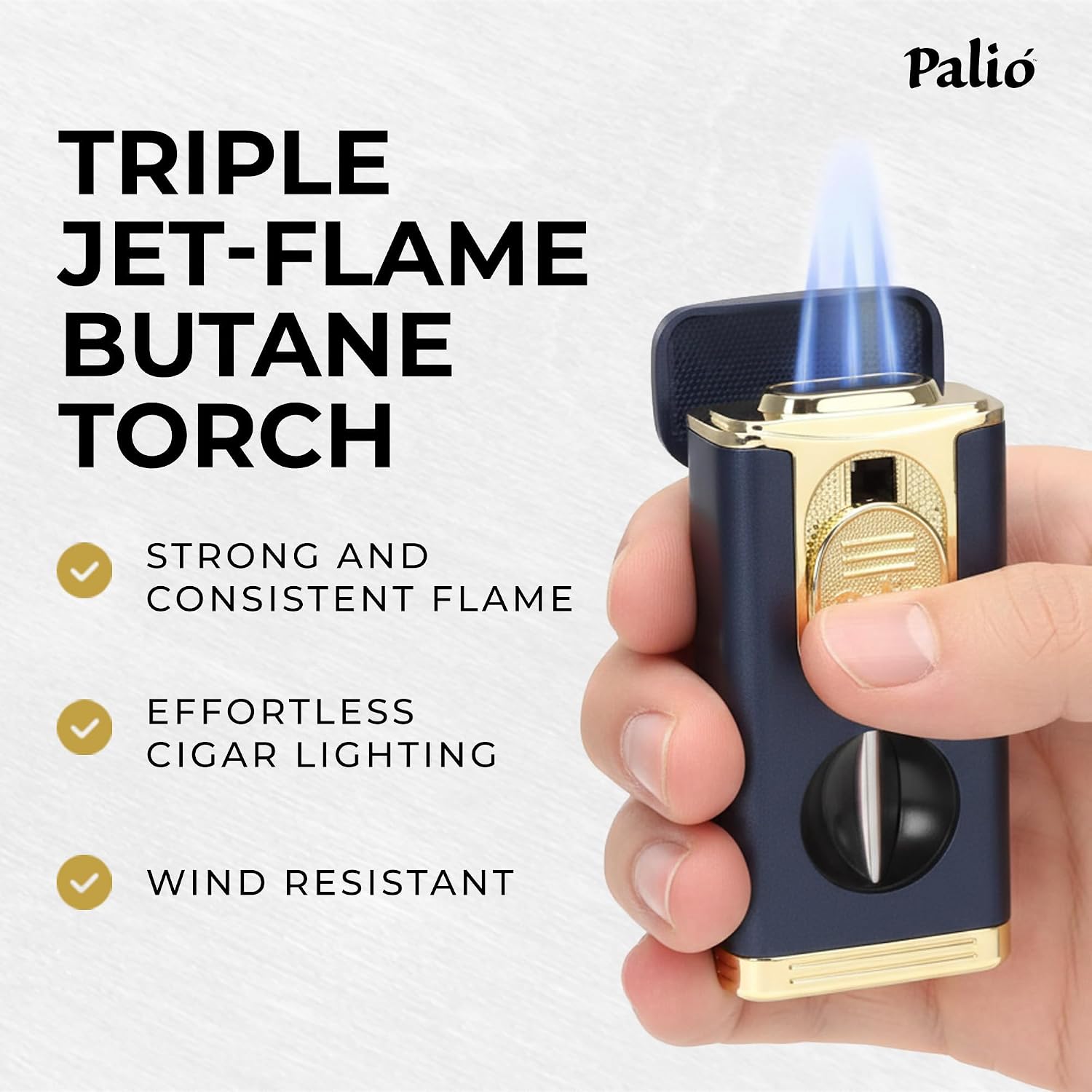 Palió PRO Trevi Triple Torch Lighter with Built-in V-Cutter – Wind Resistant Triple Jet Flame, Metal Body, Cuts up to 64 Ring Gauge Cigars – Premium Cigar Lighter (Blue)