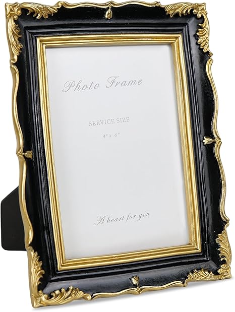 4x6 Picture Frame Black and Gold Vintage Frame, Ornate Textured Hand-Crafted Resin Photo Frame with Glass Front, 4x6 Black Antique Decorative Frames for Wall & Tabletop Home Decor